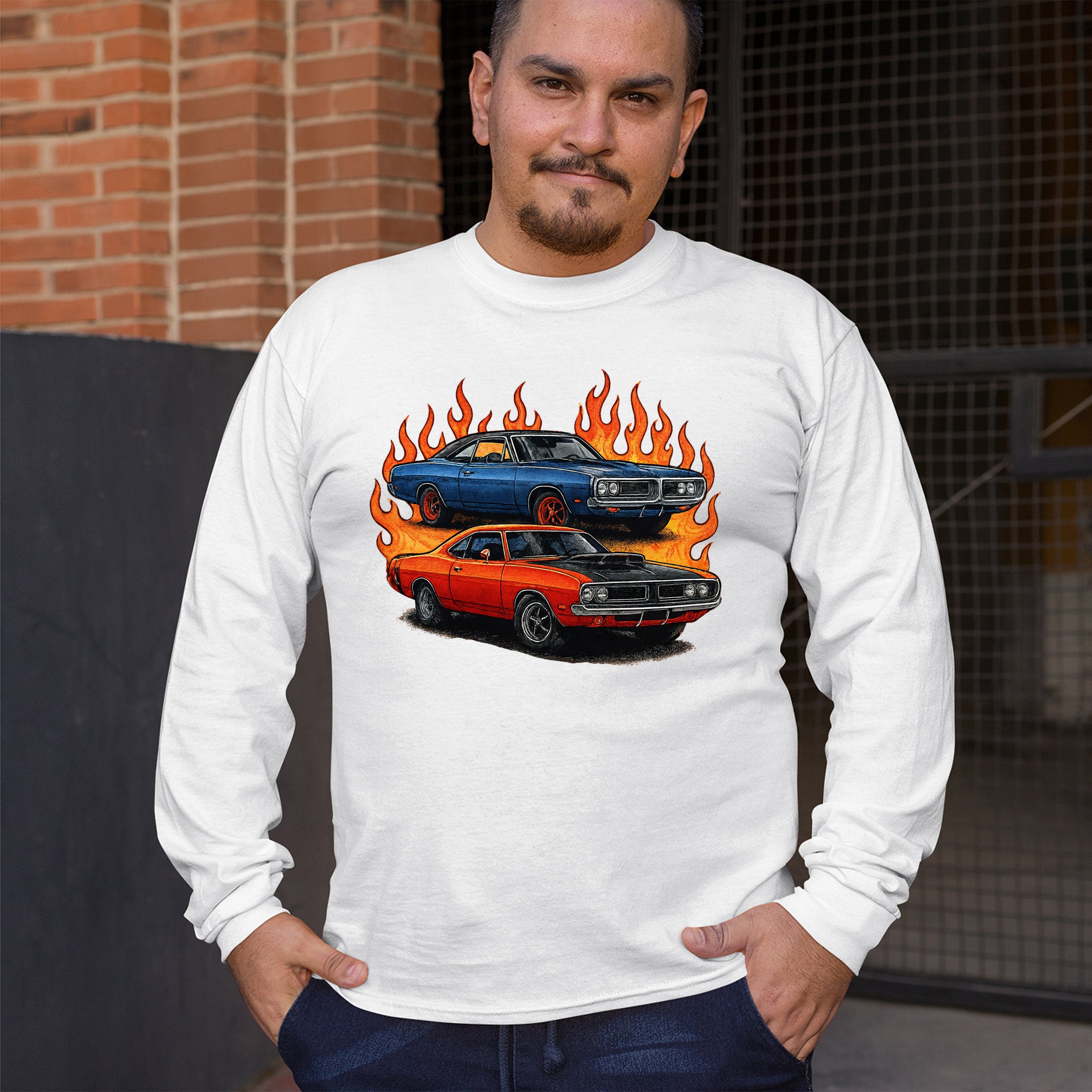 Classic American Muscle Car Flame Long Sleeve T-shirt Vintage Horsepower V8 - Picture 33 of 78