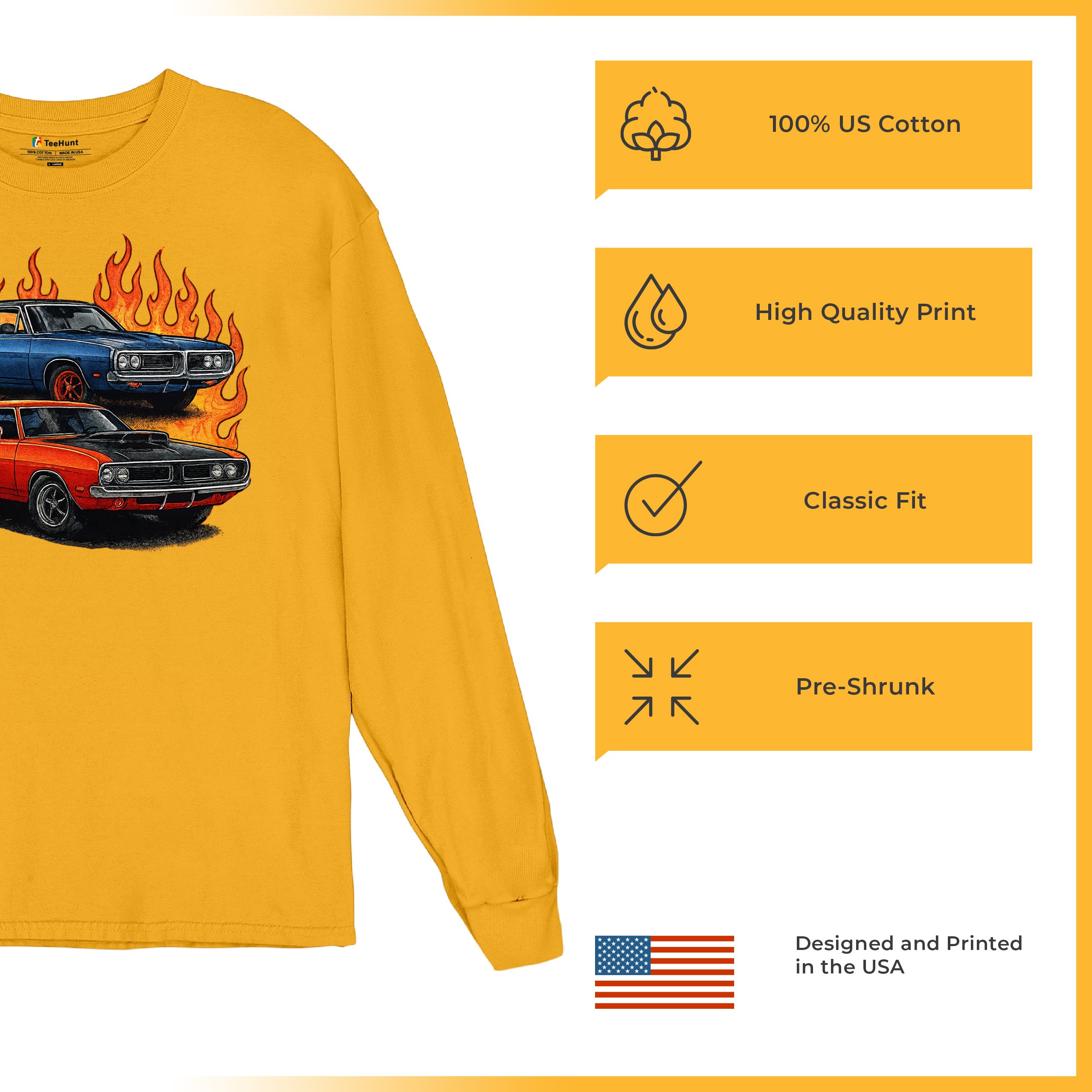 Classic American Muscle Car Flame Long Sleeve T-shirt Vintage Horsepower V8 - Picture 70 of 78