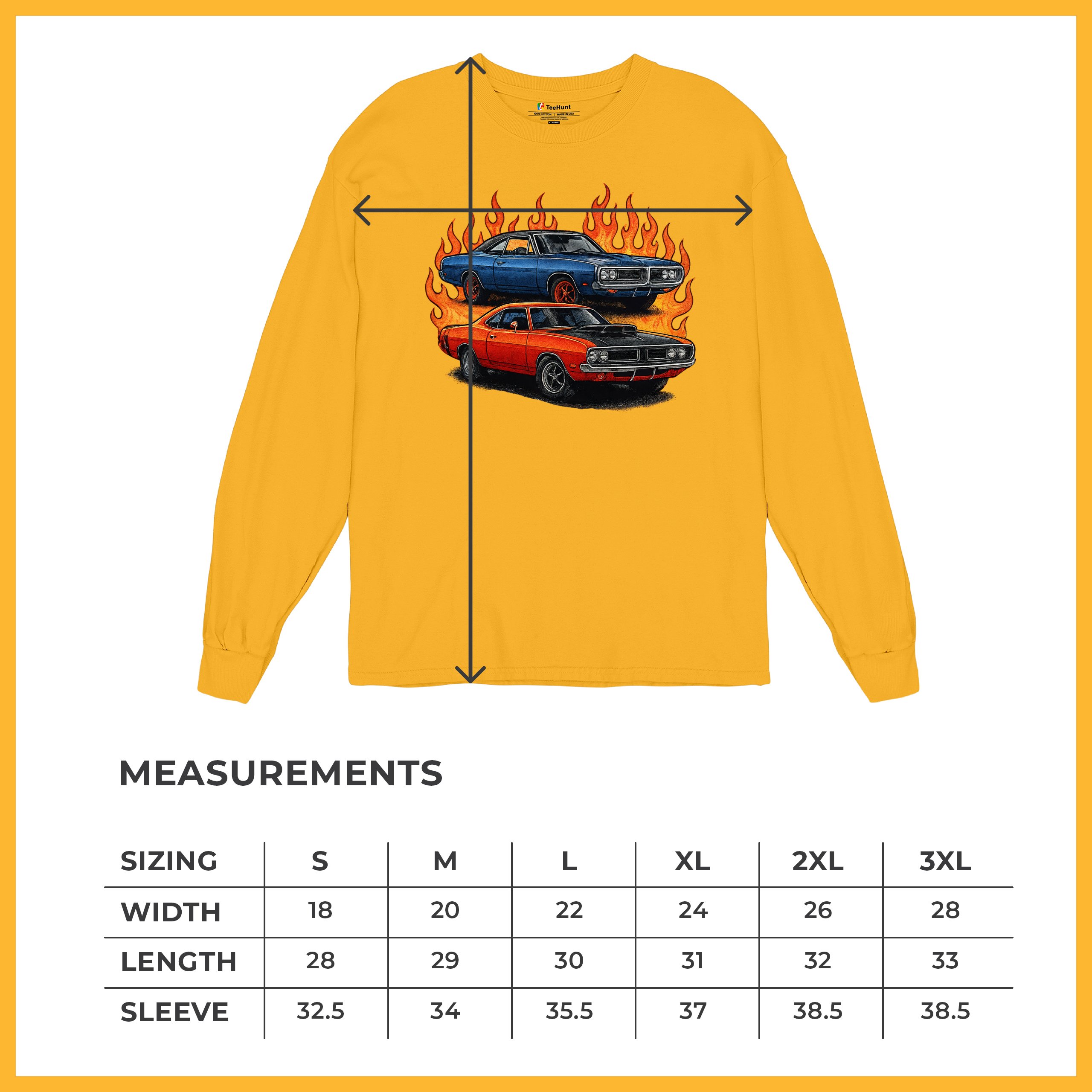 Classic American Muscle Car Flame Long Sleeve T-shirt Vintage Horsepower V8 - Picture 71 of 78