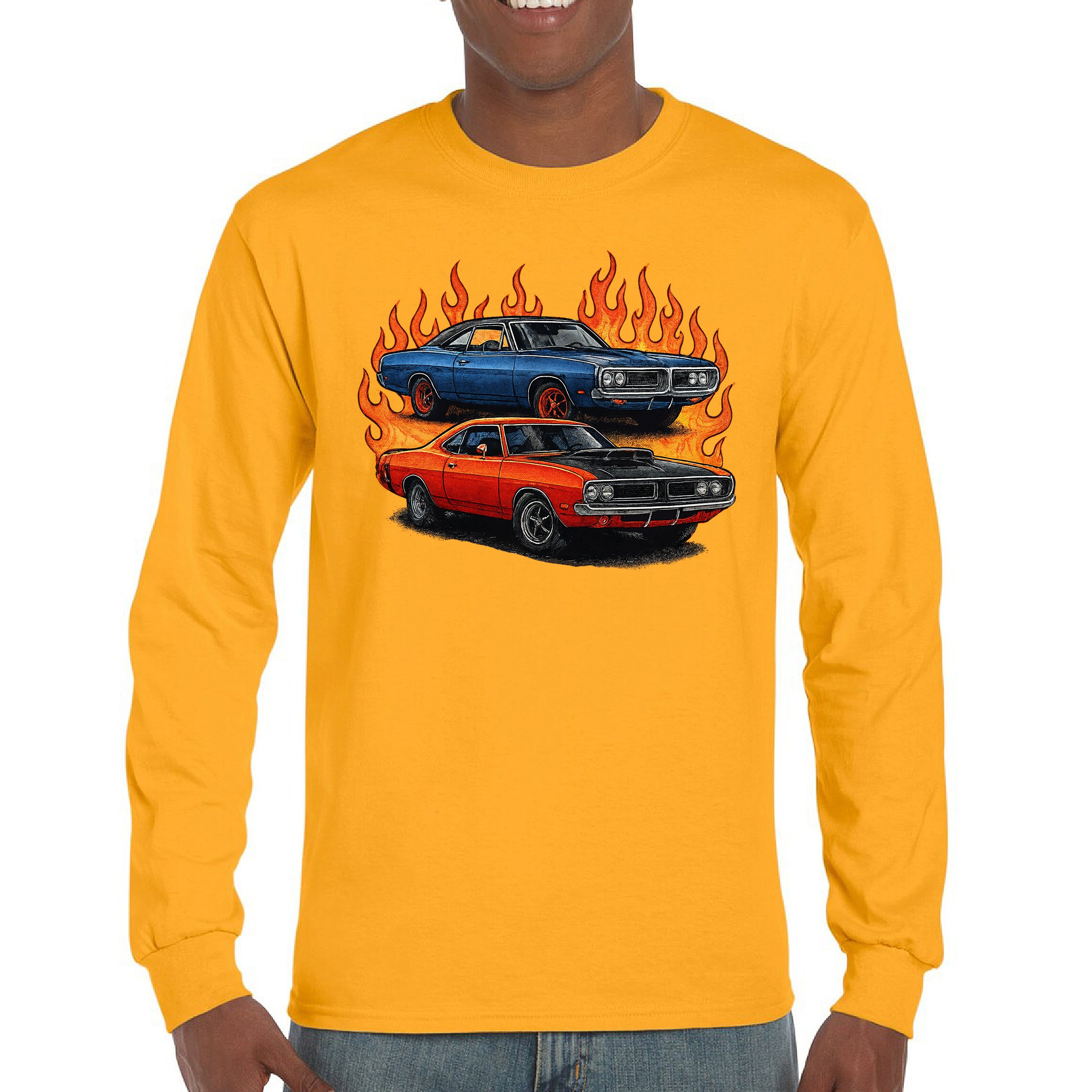Classic American Muscle Car Flame Long Sleeve T-shirt Vintage Horsepower V8 - Picture 65 of 78