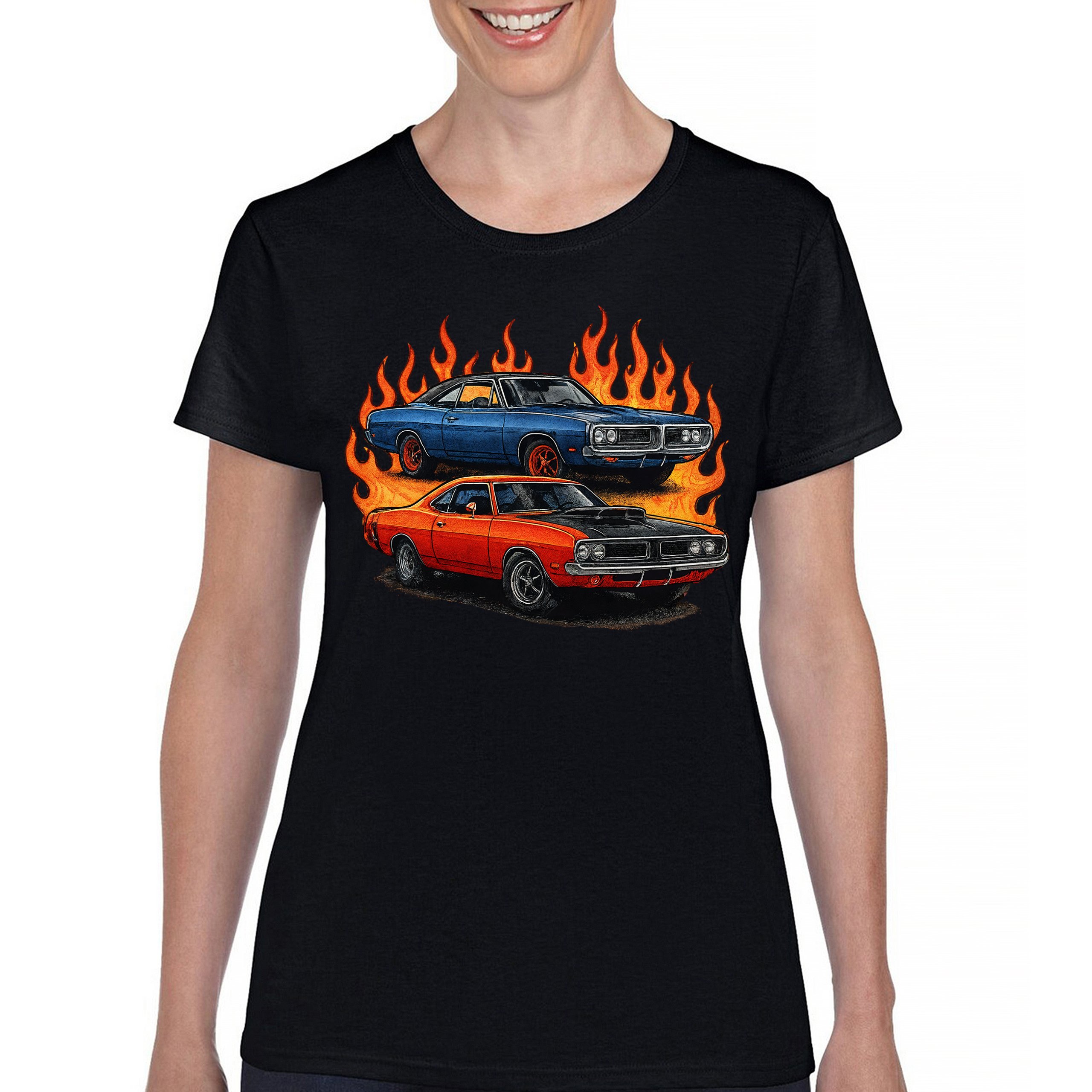 Classic American Muscle Car Flame T-Shirt Vintage Horsepower V8 Women’s Tee