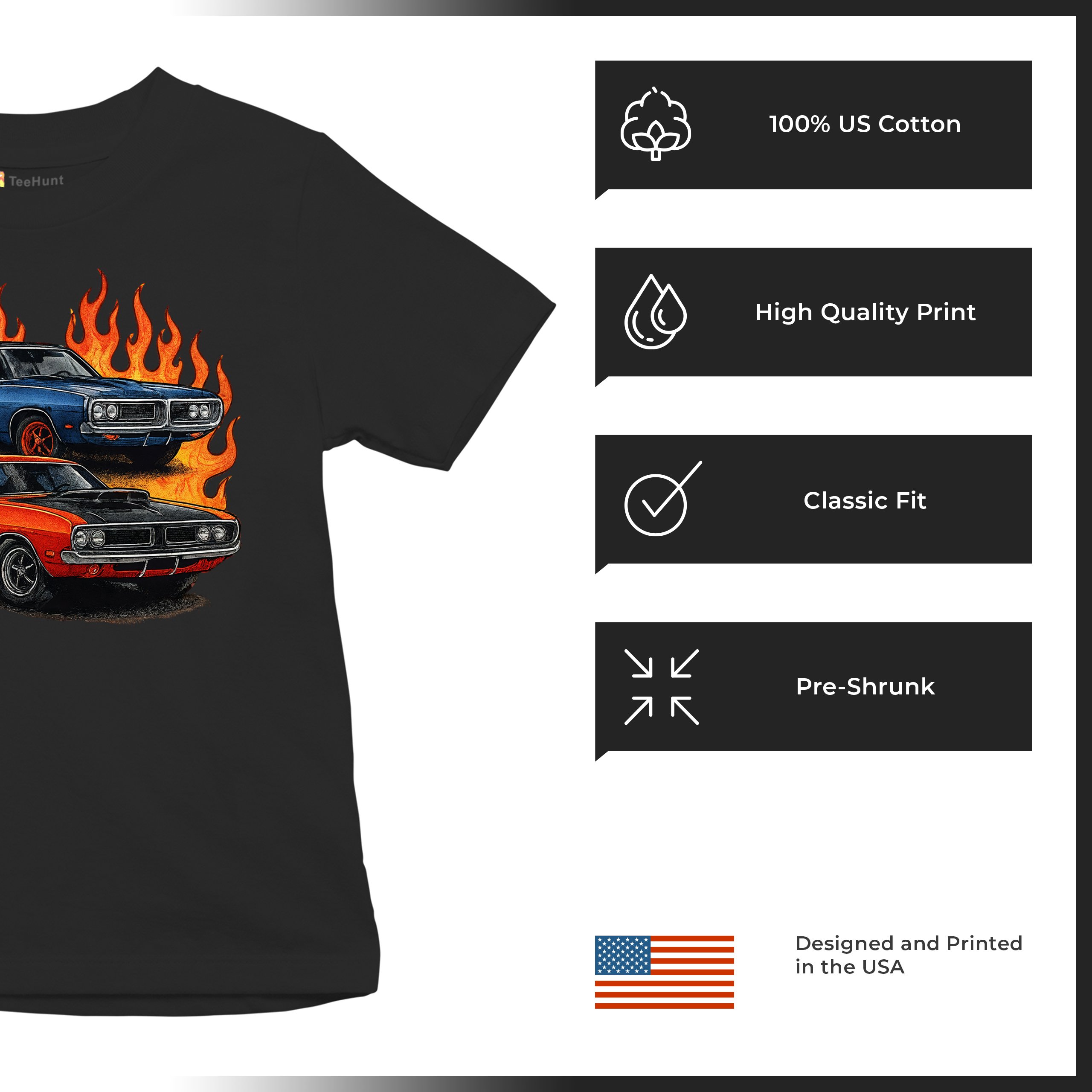 Classic American Muscle Car Flame Youth T-shirt Vintage Horsepower V8 Kids - Picture 7 of 50