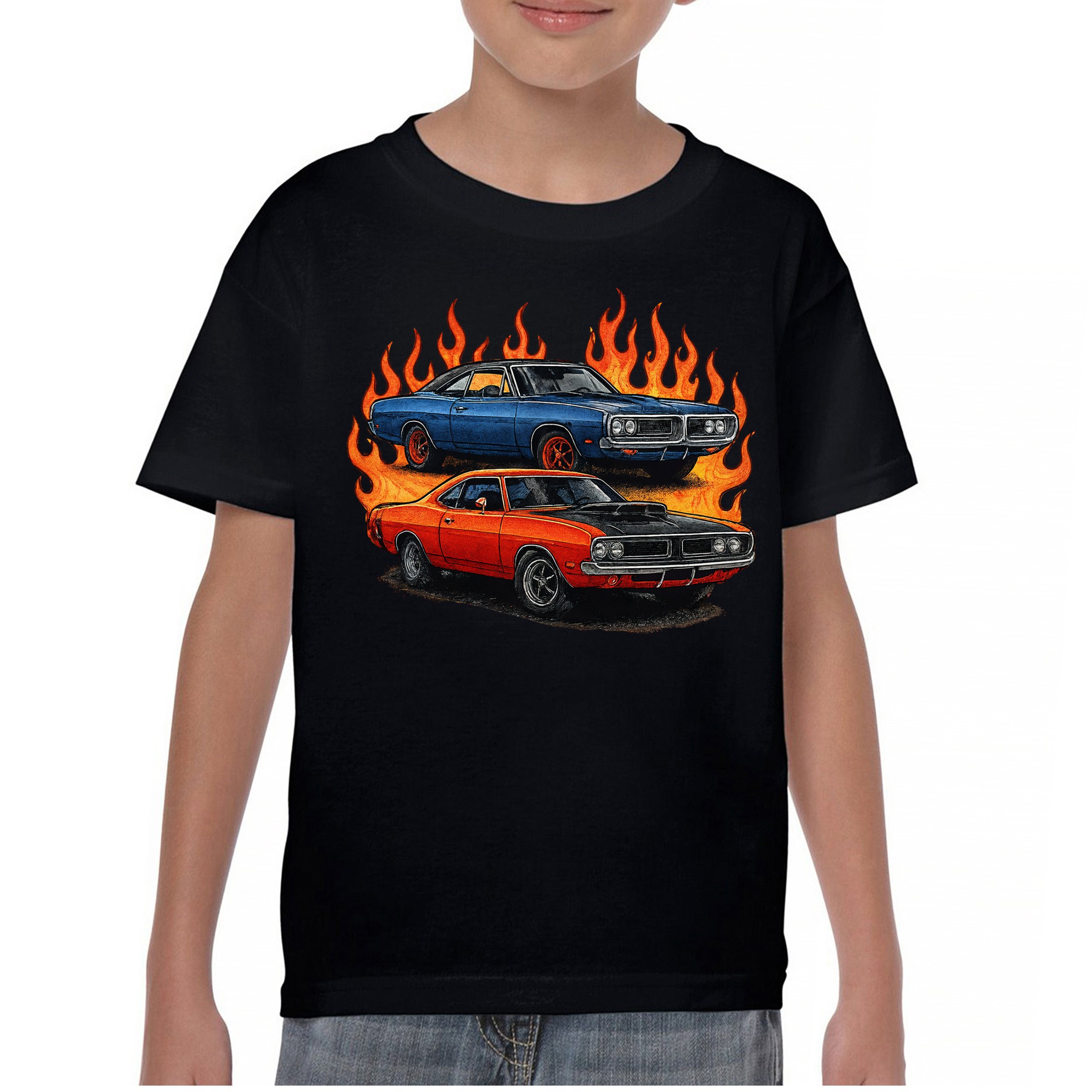 Classic American Muscle Car Flame Youth T-shirt Vintage Horsepower V8 Kids - Picture 2 of 50