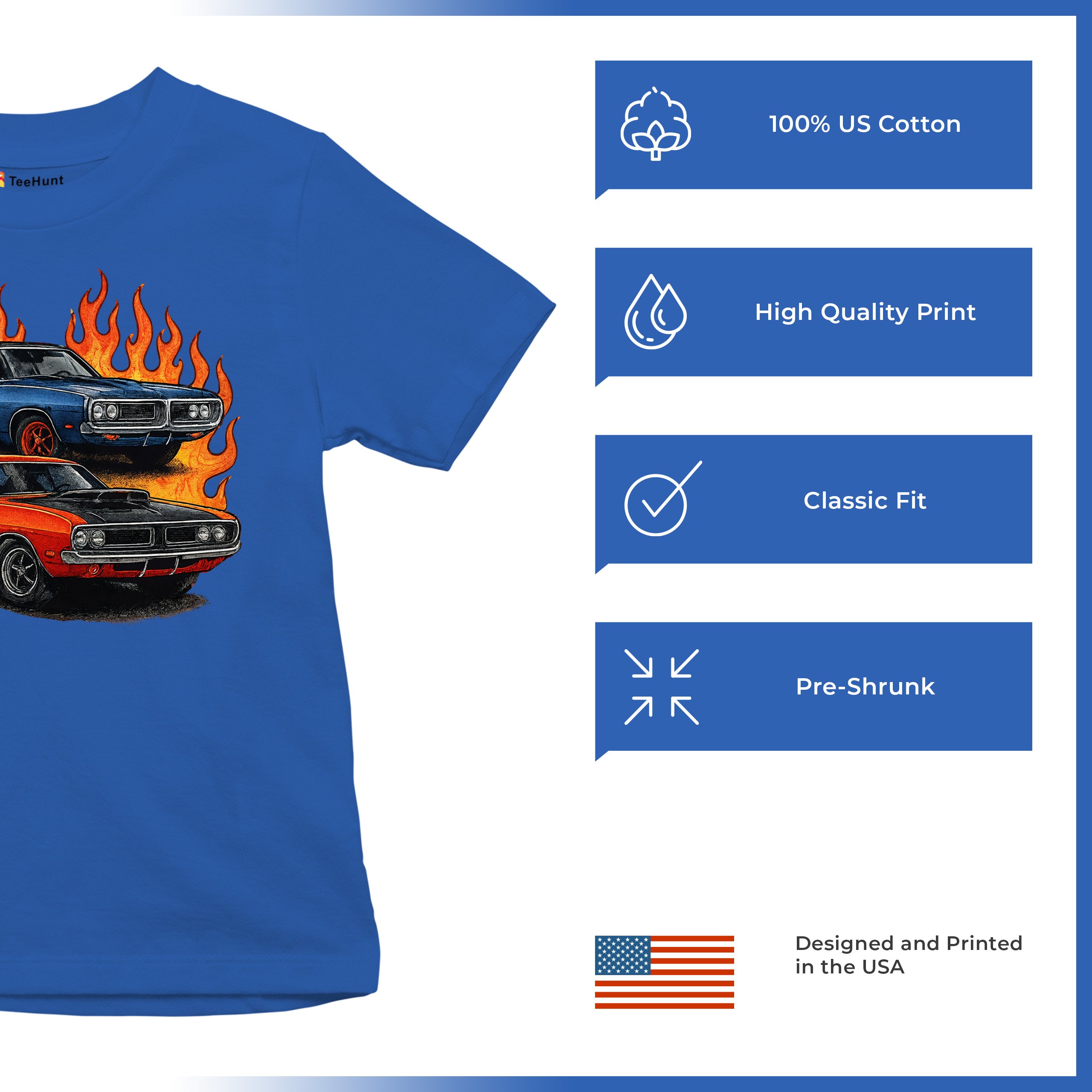 Classic American Muscle Car Flame Youth T-shirt Vintage Horsepower V8 Kids - Picture 42 of 50