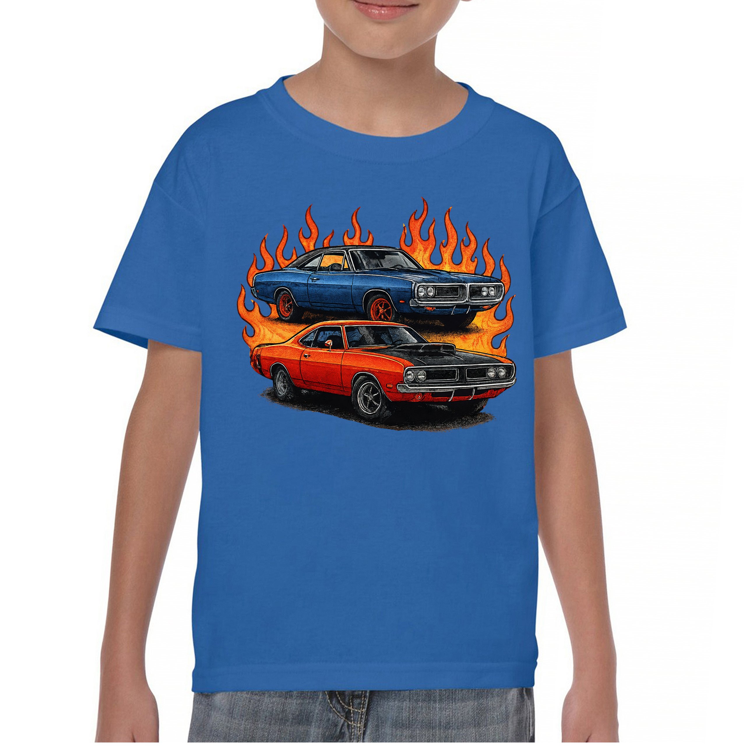 Classic American Muscle Car Flame Youth T-shirt Vintage Horsepower V8 Kids - Picture 37 of 50