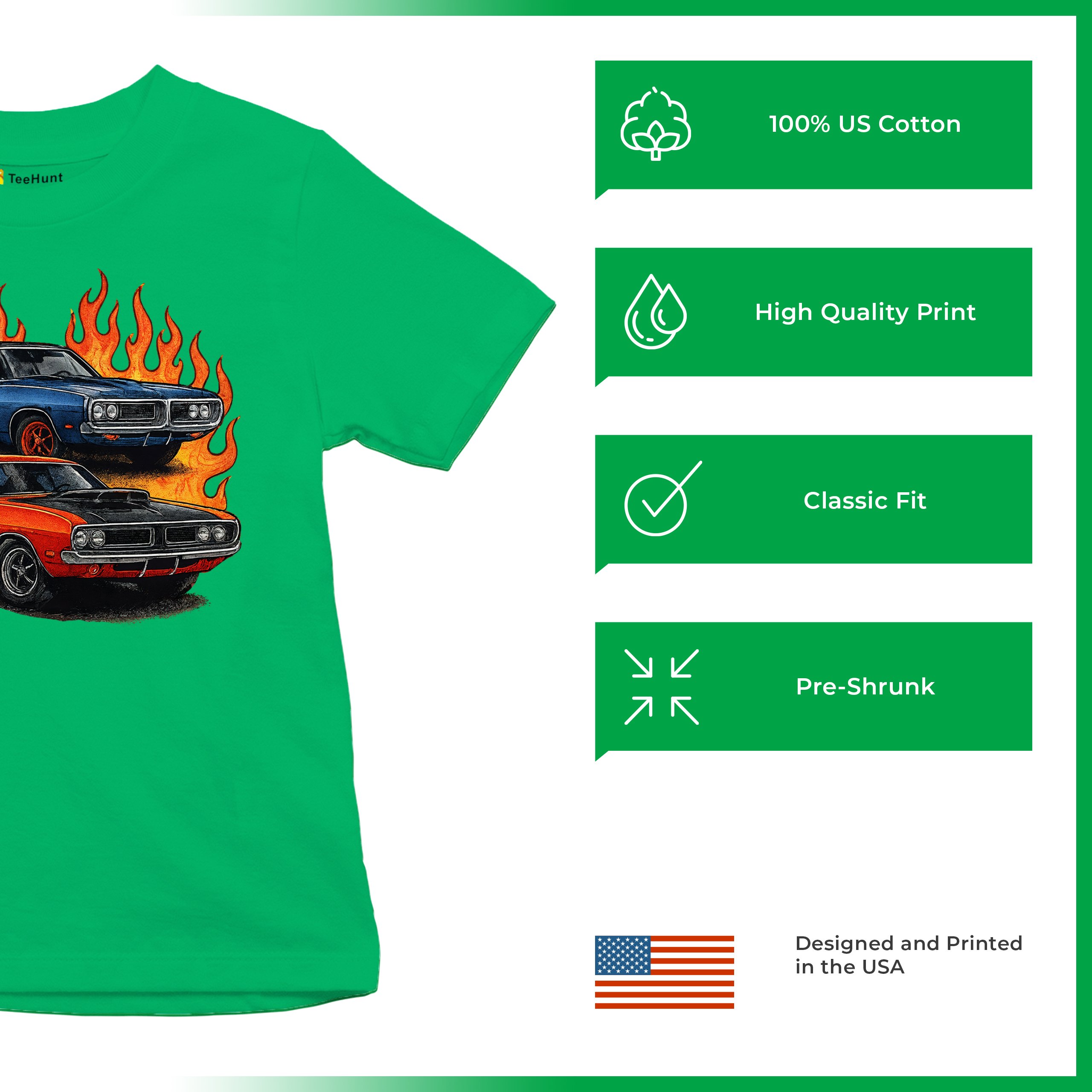 Classic American Muscle Car Flame Youth T-shirt Vintage Horsepower V8 Kids - Picture 35 of 50