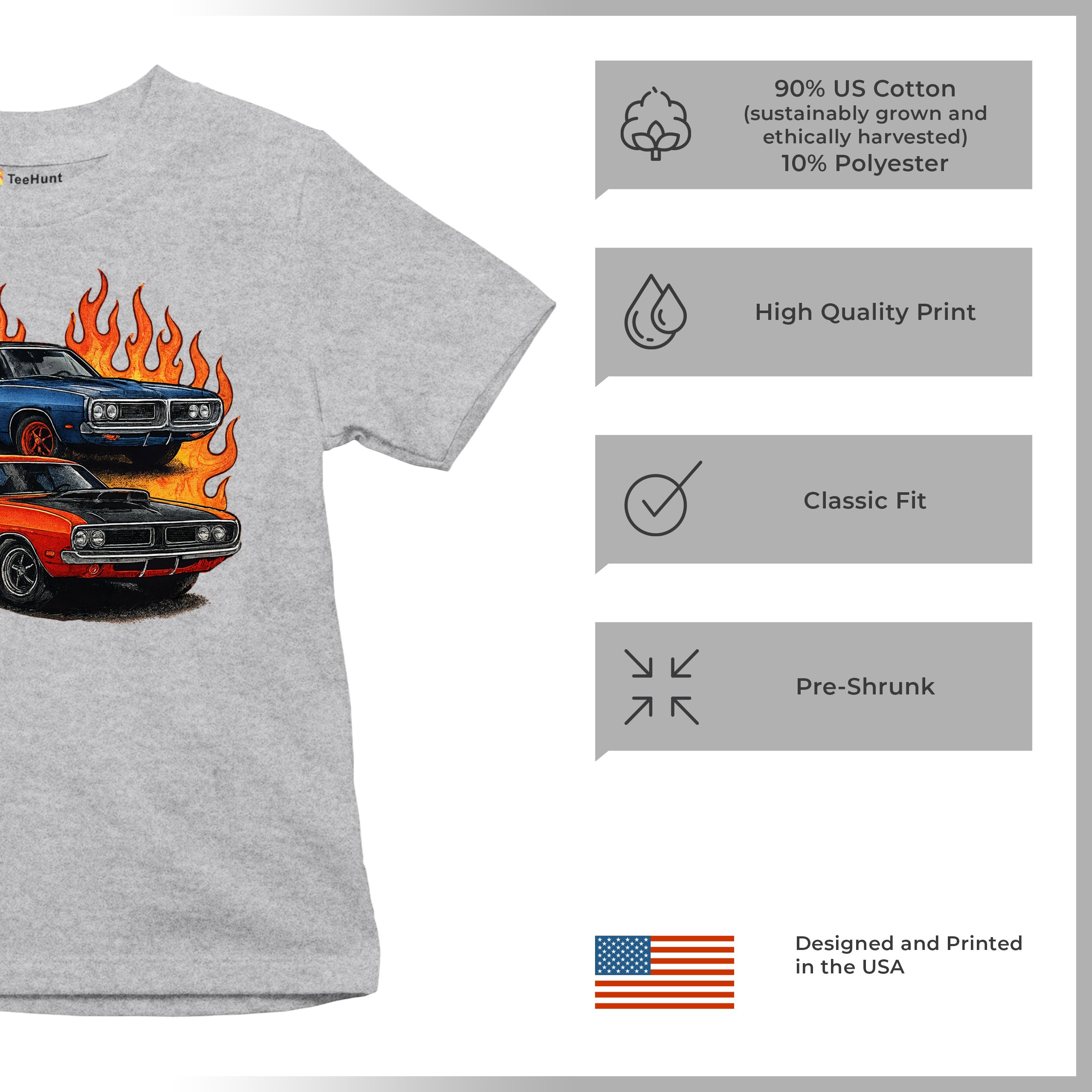 Classic American Muscle Car Flame Youth T-shirt Vintage Horsepower V8 Kids - Picture 14 of 50