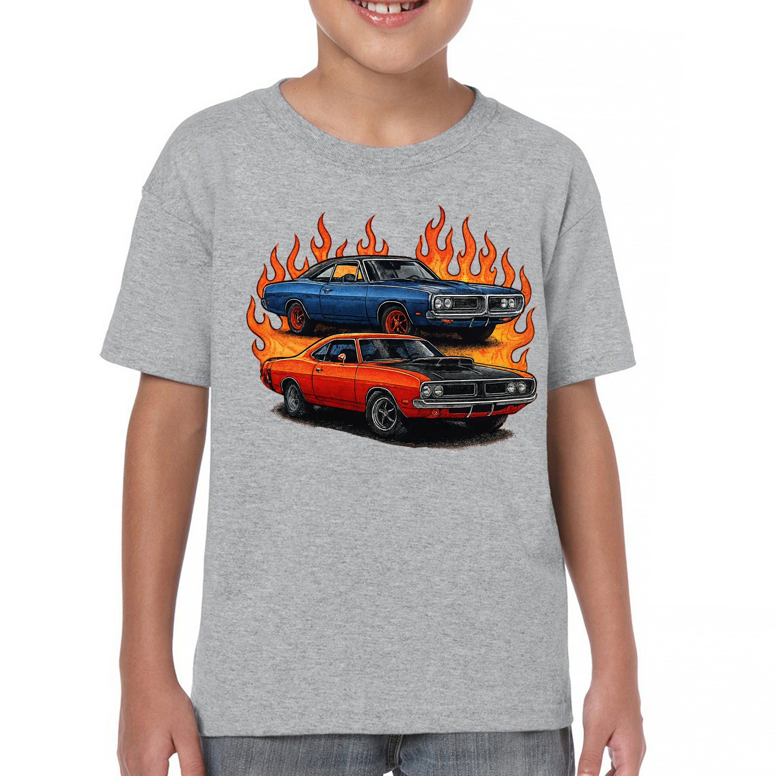 Classic American Muscle Car Flame Youth T-shirt Vintage Horsepower V8 Kids - Picture 9 of 50