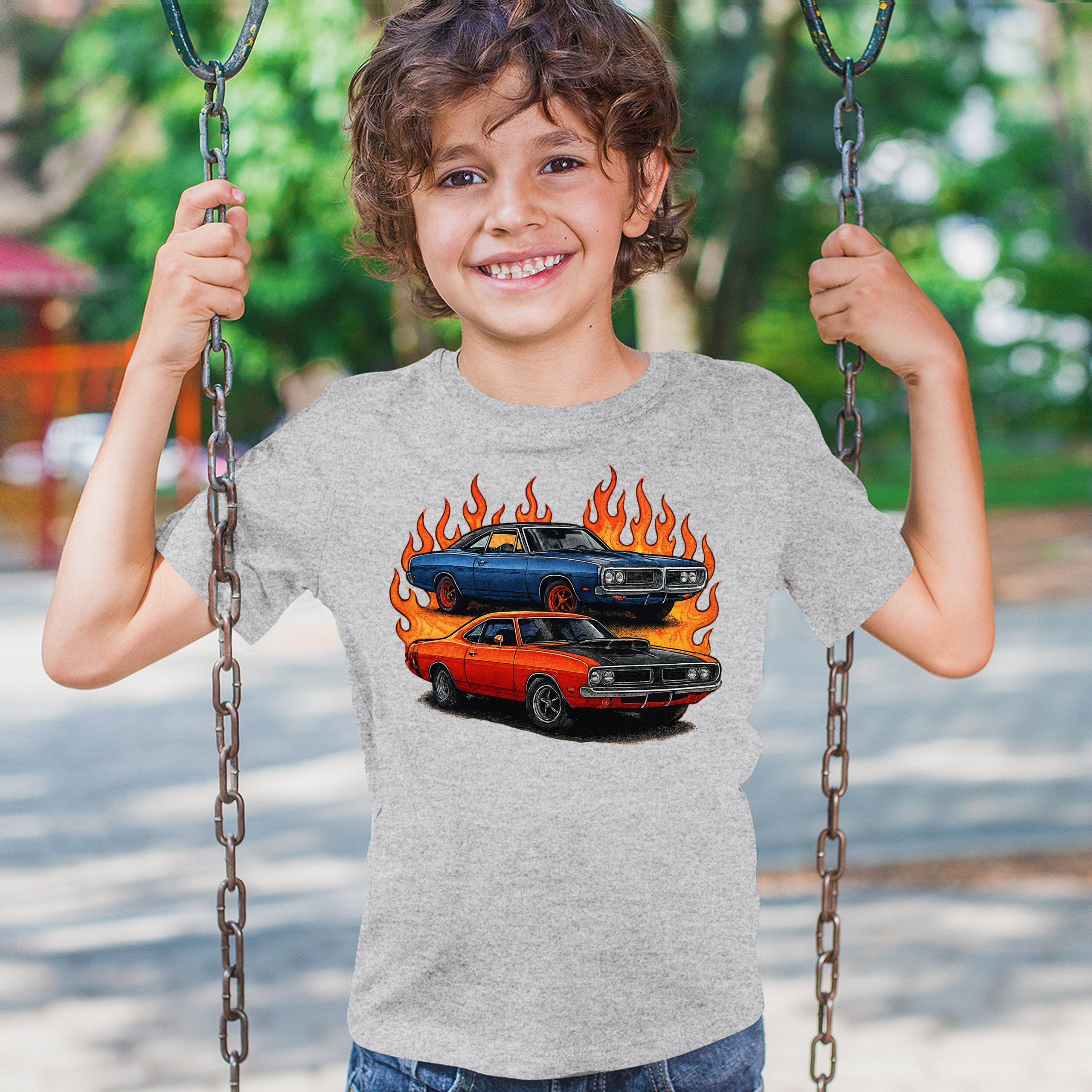 Classic American Muscle Car Flame Youth T-shirt Vintage Horsepower V8 Kids - Picture 12 of 50