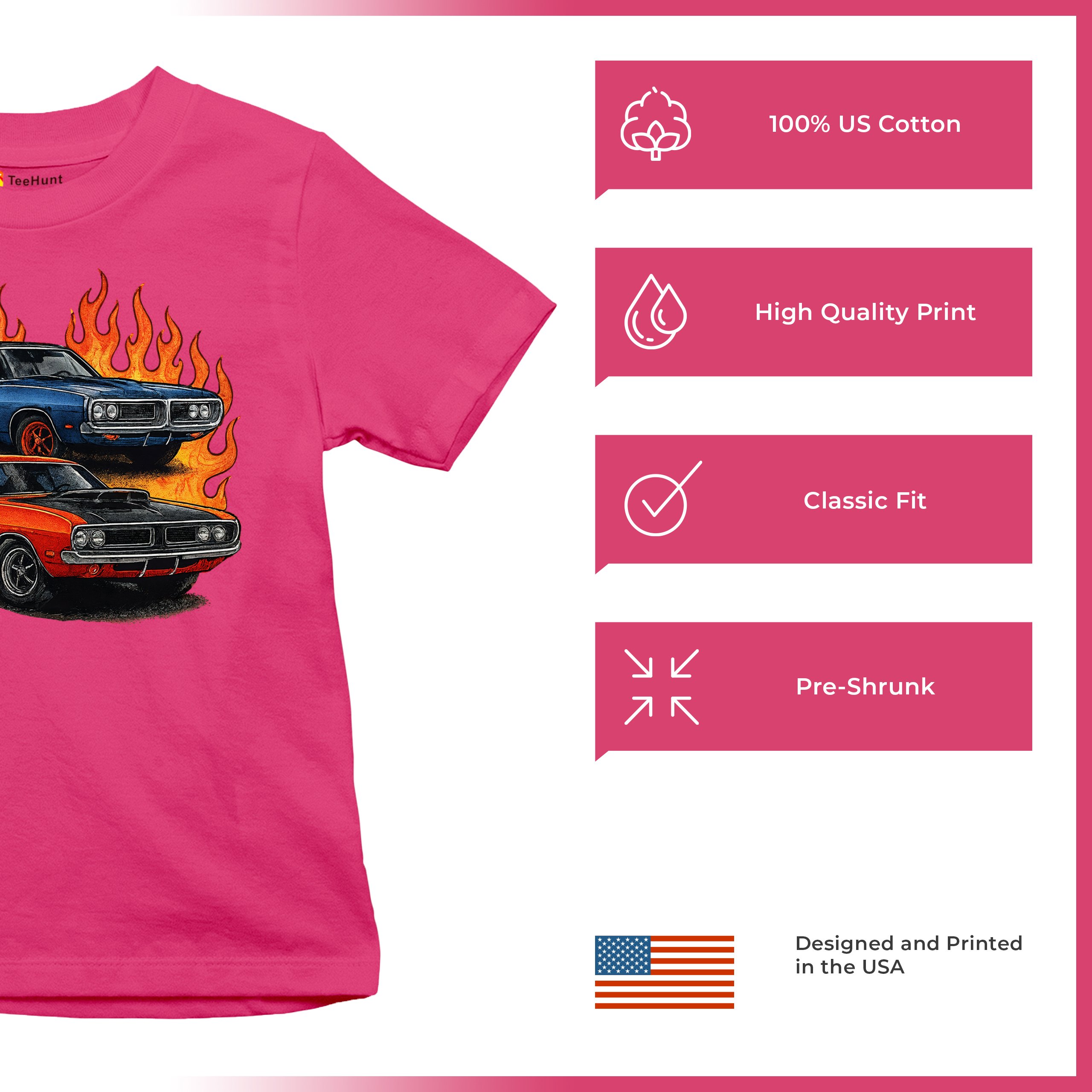 Classic American Muscle Car Flame Youth T-shirt Vintage Horsepower V8 Kids - Picture 49 of 50