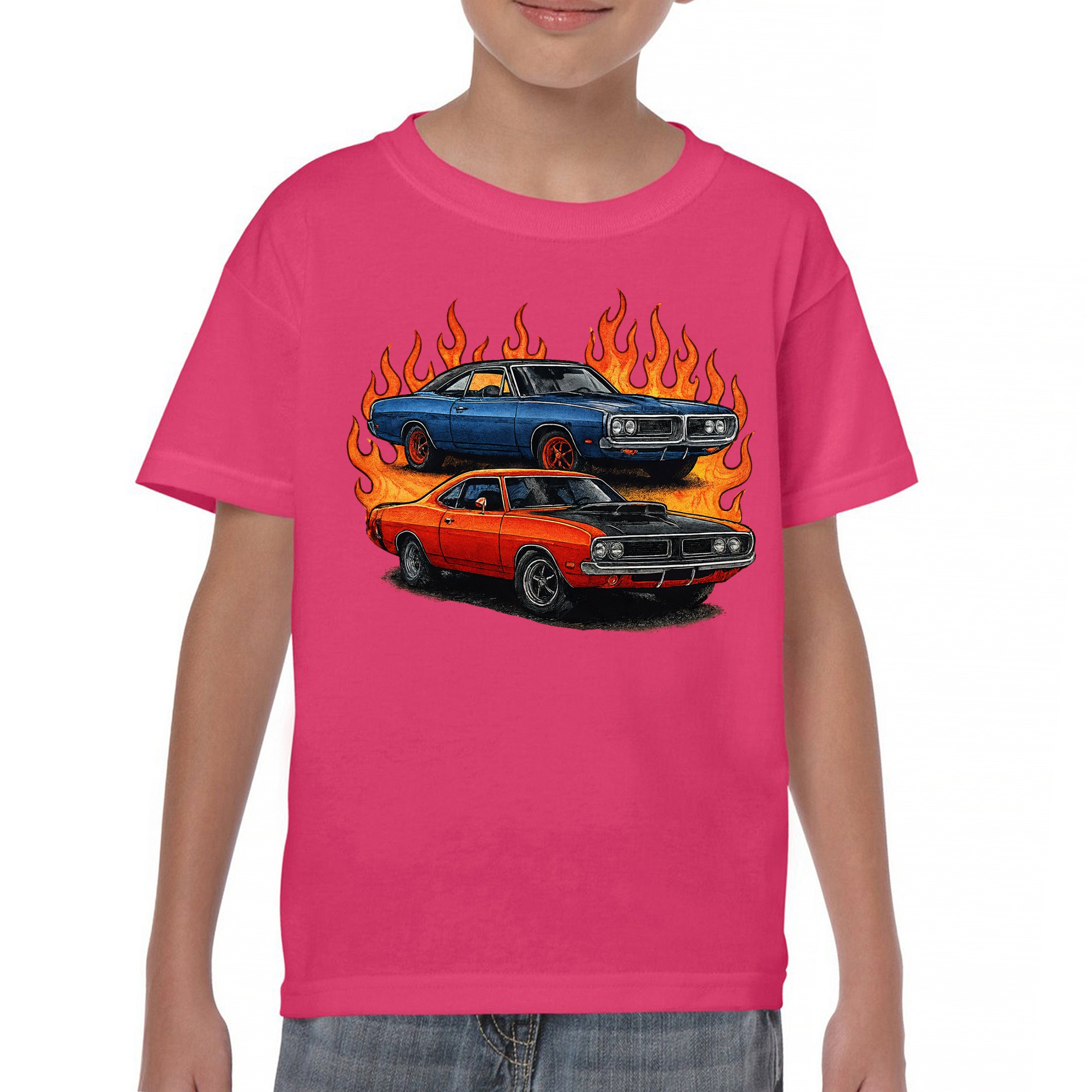 Classic American Muscle Car Flame Youth T-shirt Vintage Horsepower V8 Kids - Picture 44 of 50