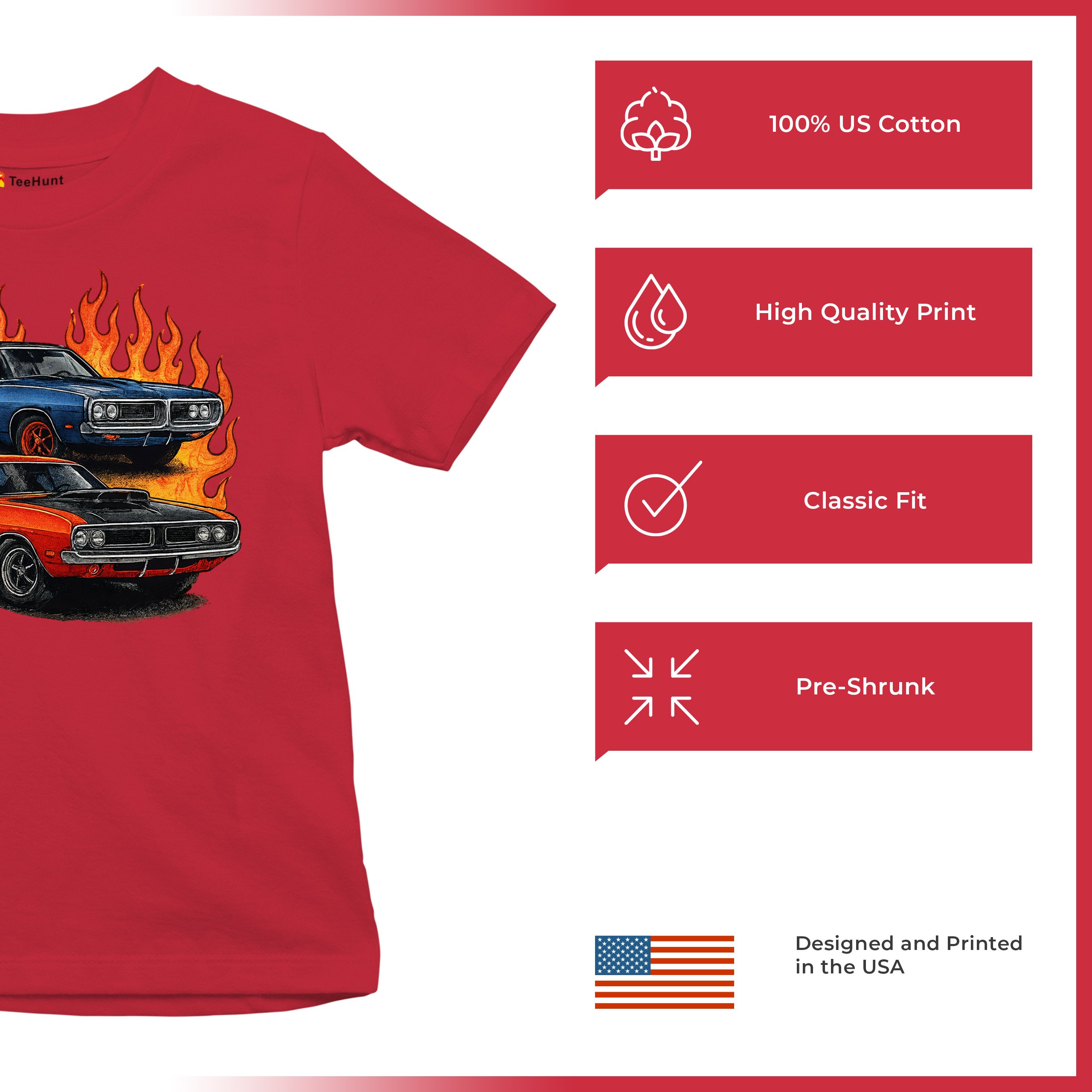 Classic American Muscle Car Flame Youth T-shirt Vintage Horsepower V8 Kids - Picture 21 of 50