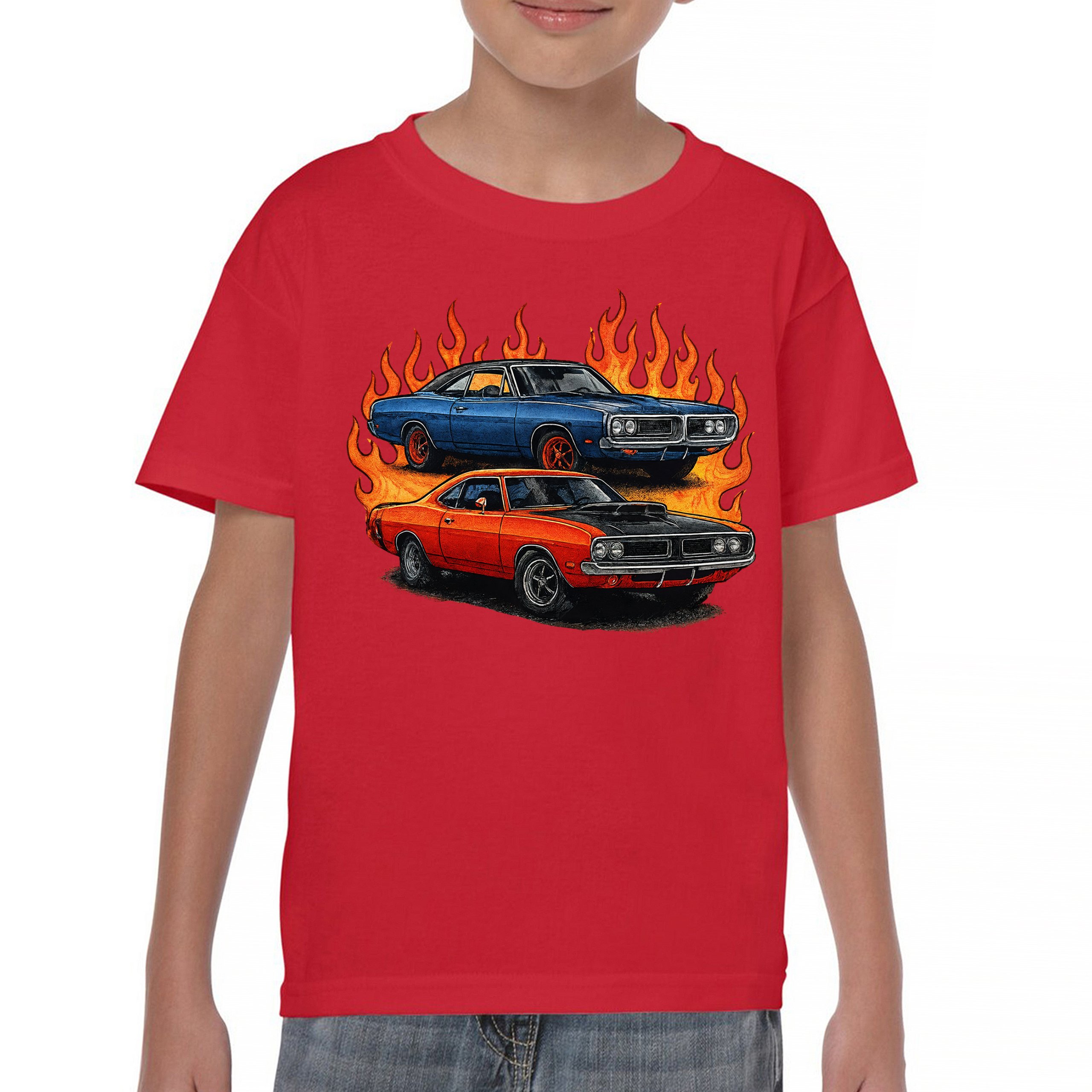 Classic American Muscle Car Flame Youth T-shirt Vintage Horsepower V8 Kids - Picture 16 of 50