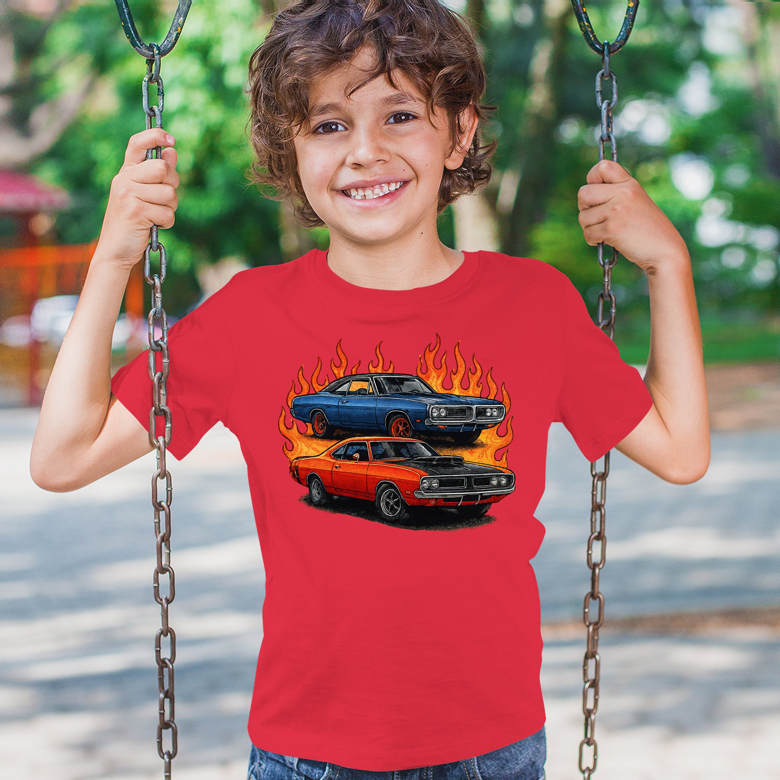 Classic American Muscle Car Flame Youth T-shirt Vintage Horsepower V8 Kids - Picture 19 of 50