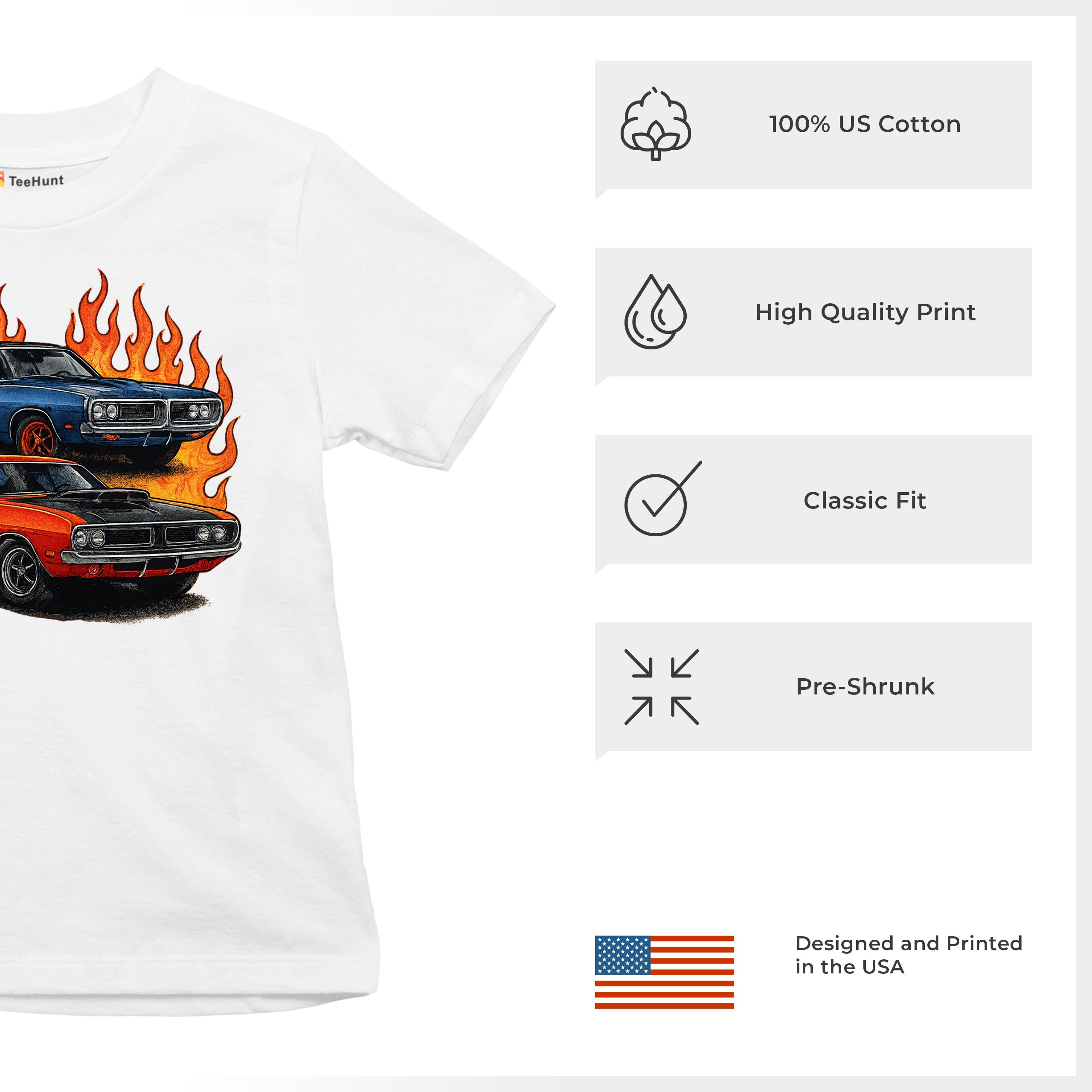 Classic American Muscle Car Flame Youth T-shirt Vintage Horsepower V8 Kids - Picture 28 of 50