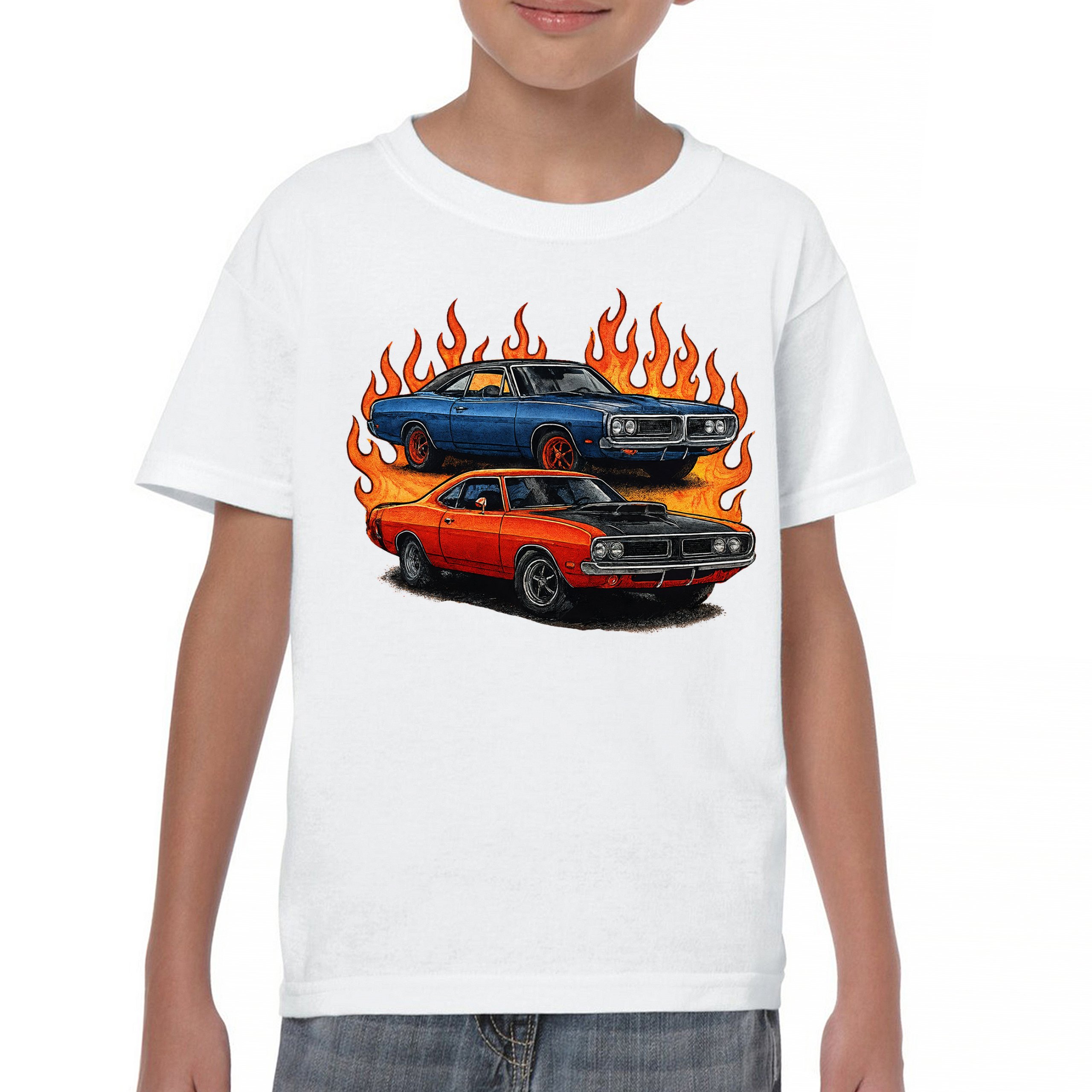 Classic American Muscle Car Flame Youth T-shirt Vintage Horsepower V8 Kids - Picture 23 of 50