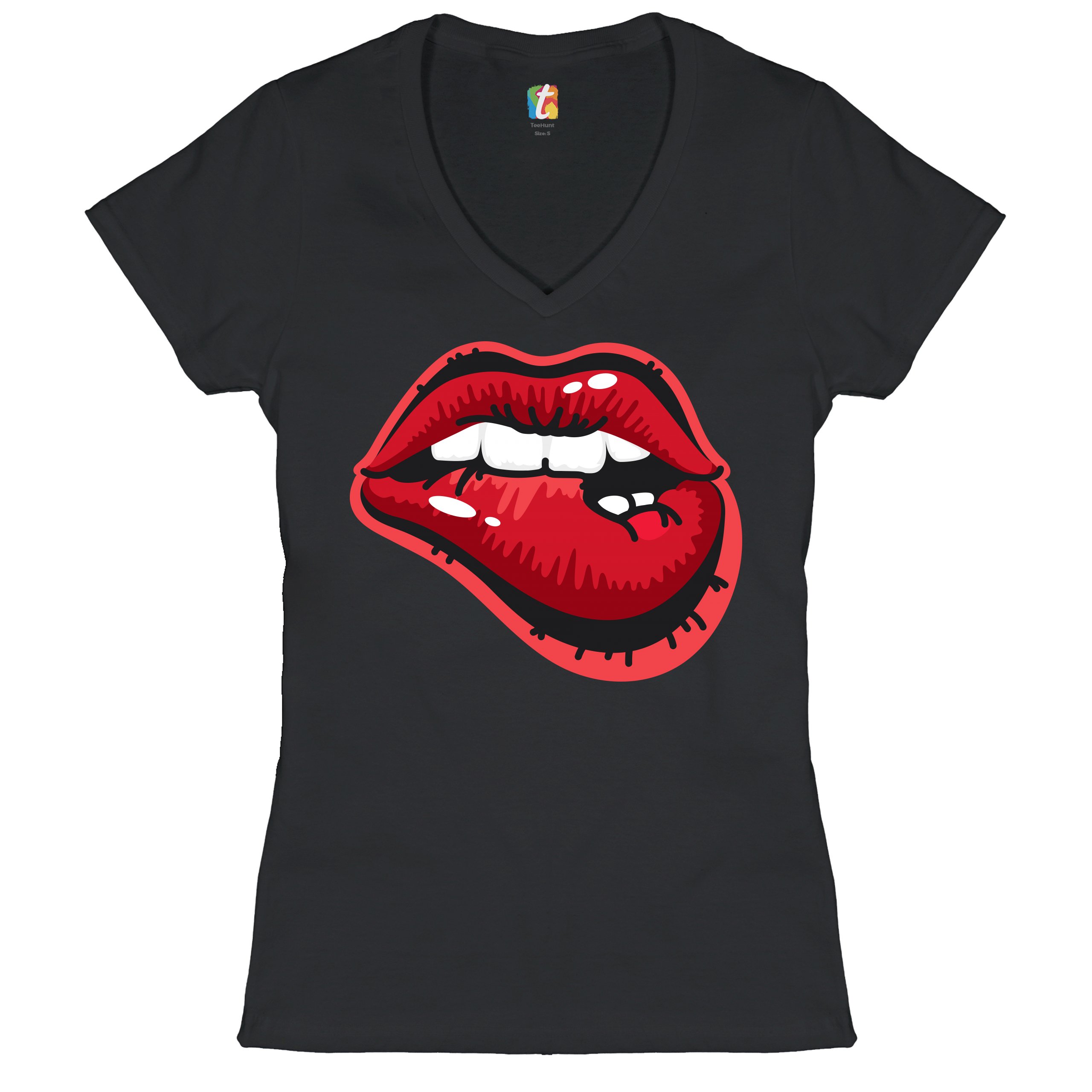 Naughty Biting Lips Women’s V-Neck T-shirt Hot Luscious Sexy Red Lips Tee