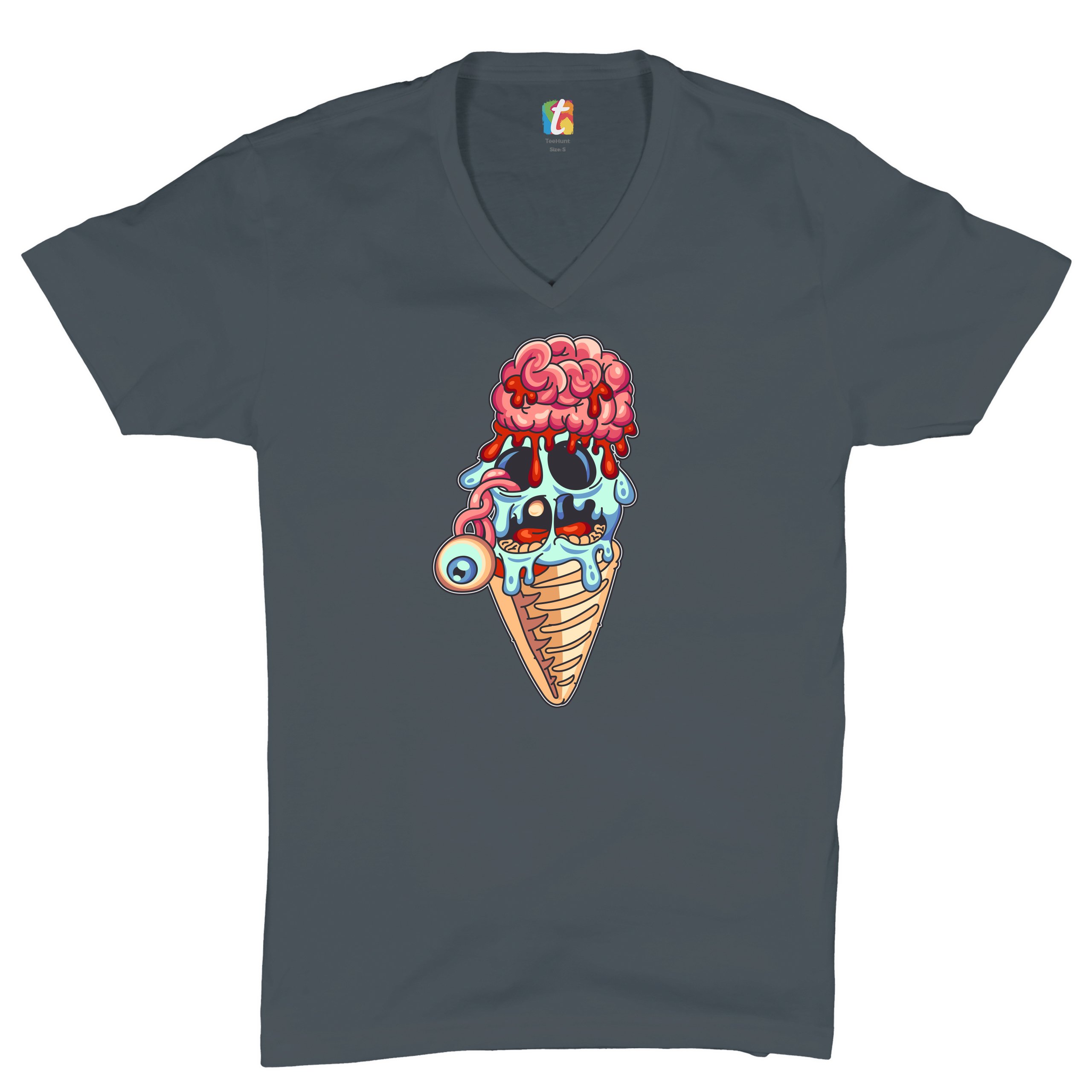 Undead Zombie Ice Cream V-Neck T-shirt Happy Halloween Eat Brains Tee - Picture 14 of 17