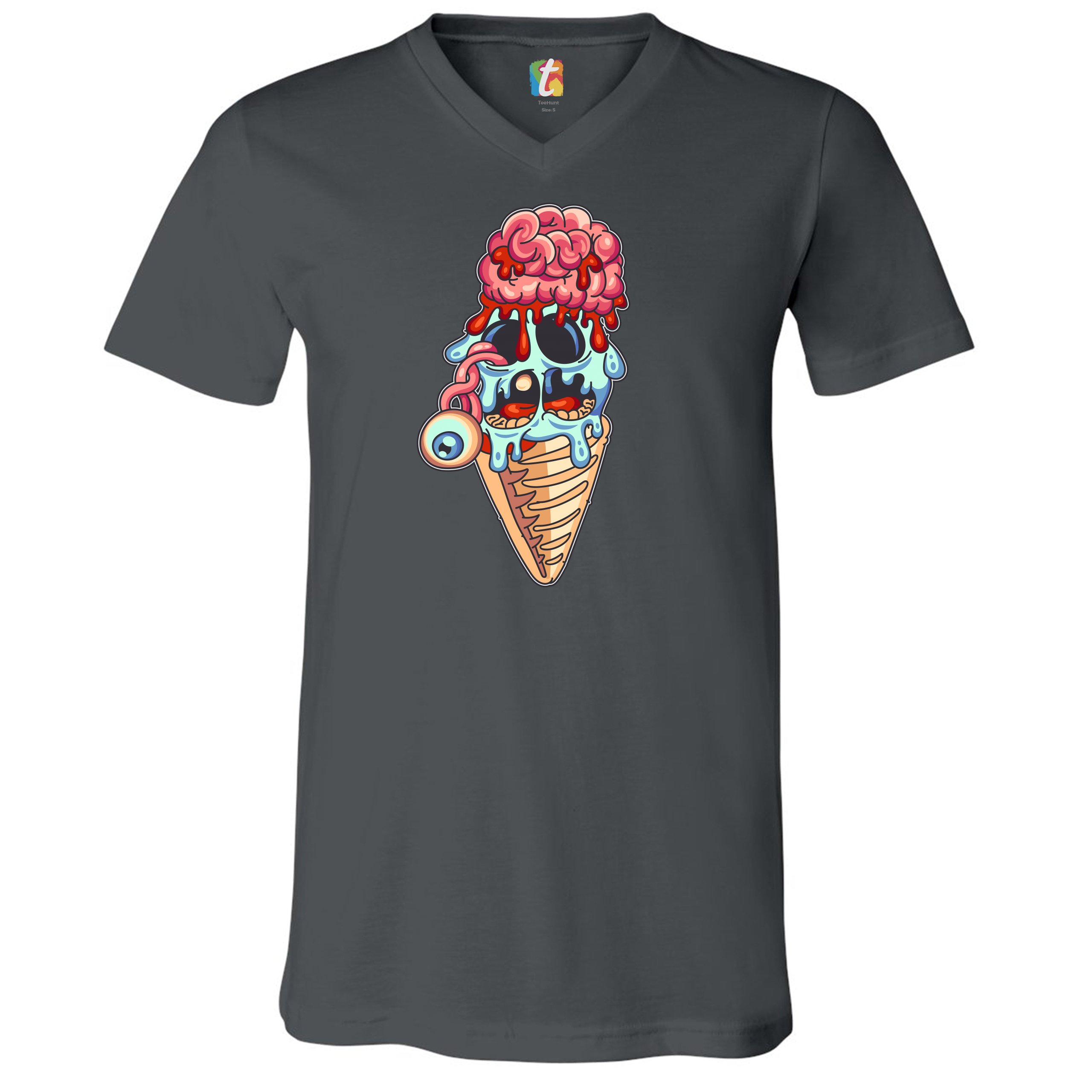 Undead Zombie Ice Cream V-Neck T-shirt Happy Halloween Eat Brains Tee - Picture 15 of 17