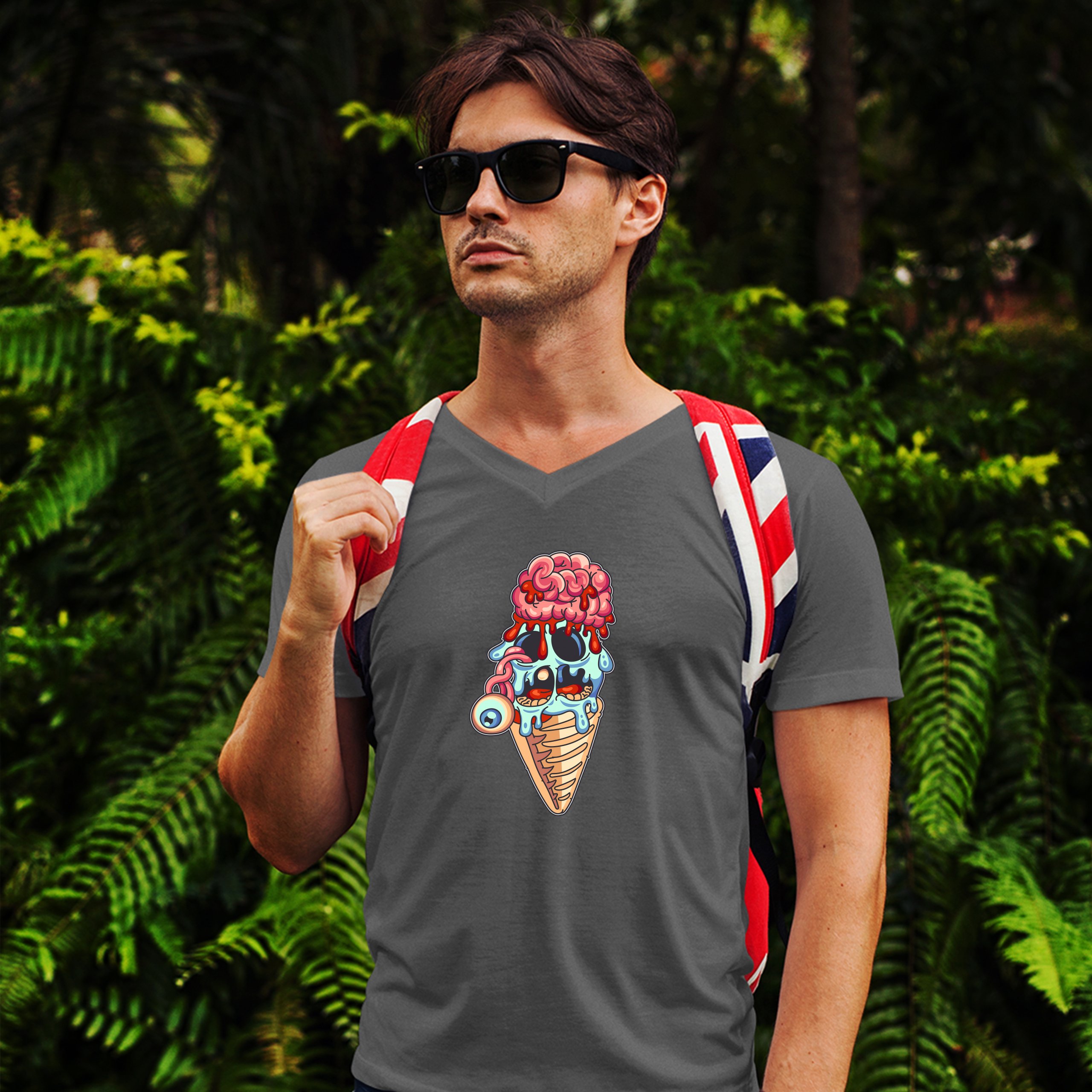Undead Zombie Ice Cream V-Neck T-shirt Happy Halloween Eat Brains Tee - Picture 17 of 17