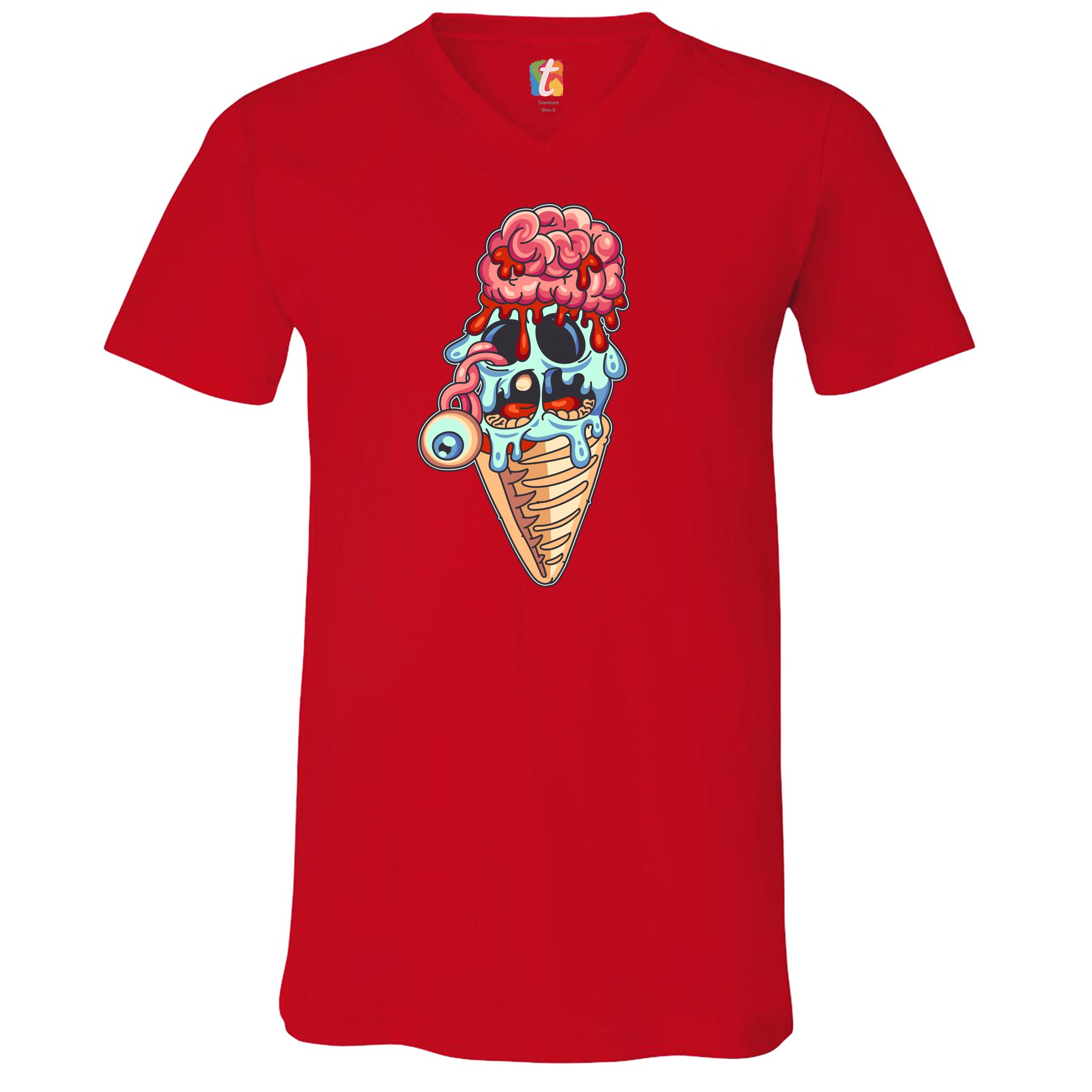 Undead Zombie Ice Cream V-Neck T-shirt Happy Halloween Eat Brains Tee - Picture 7 of 17