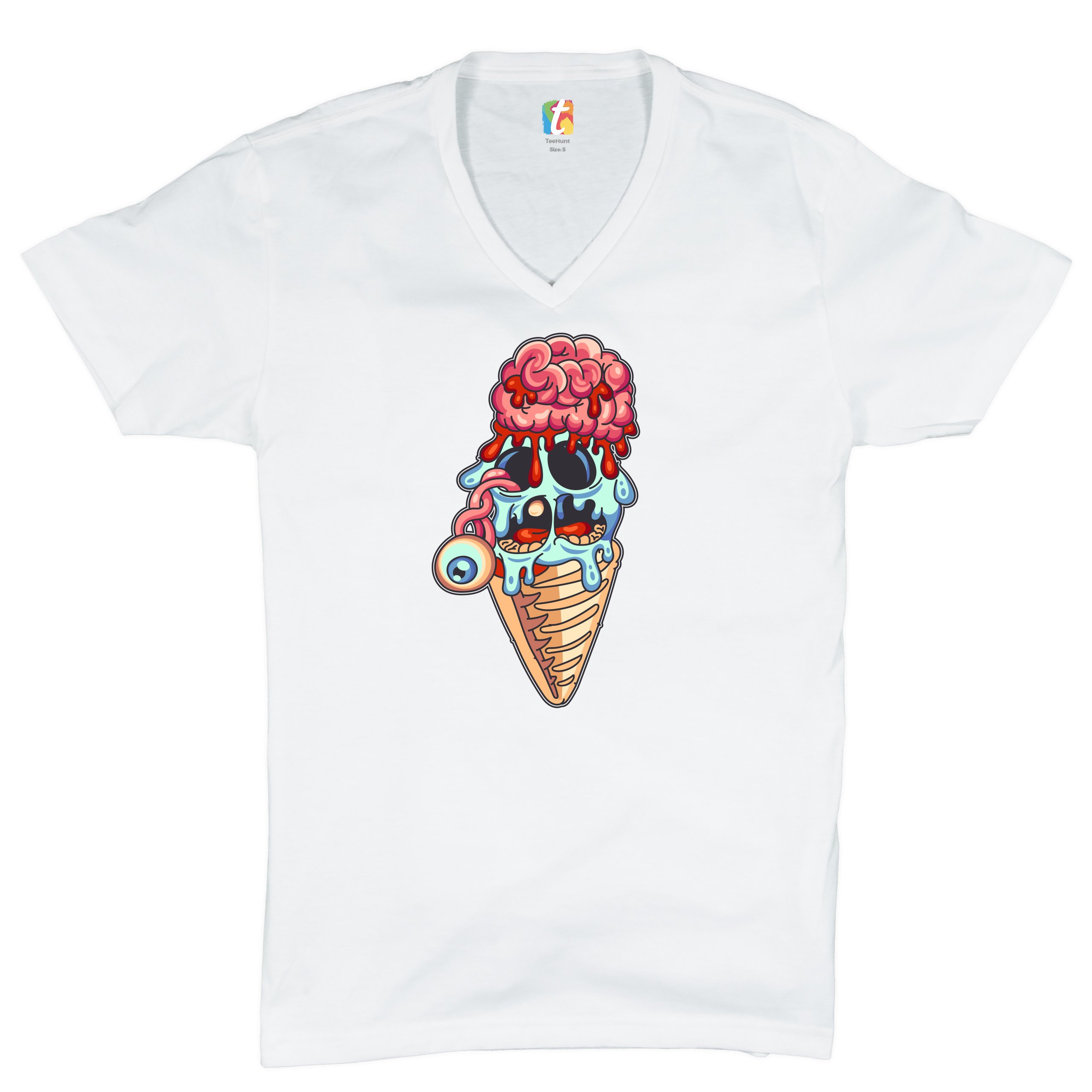 Undead Zombie Ice Cream V-Neck T-shirt Happy Halloween Eat Brains Tee - Picture 10 of 17
