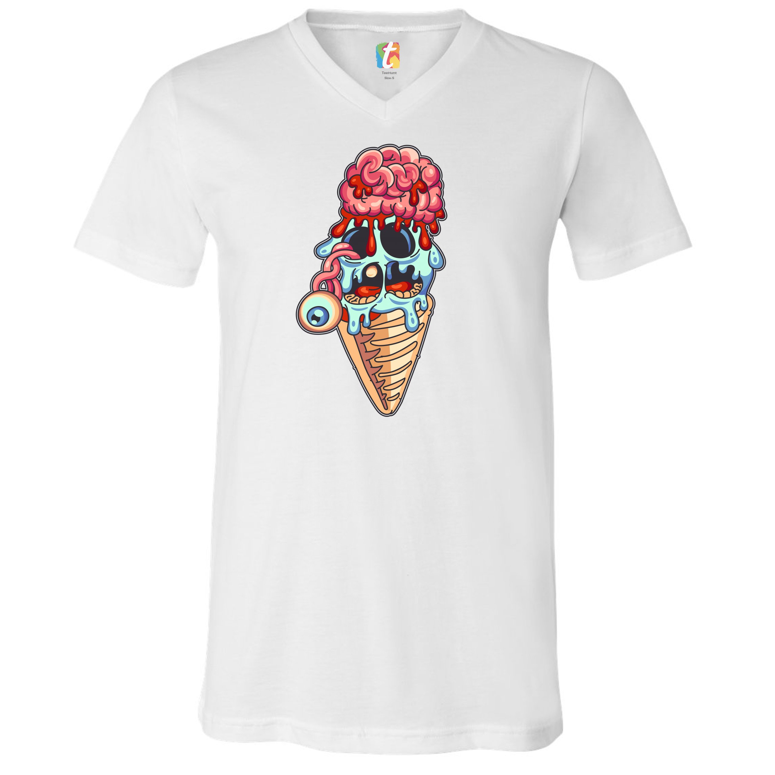 Undead Zombie Ice Cream V-Neck T-shirt Happy Halloween Eat Brains Tee - Picture 11 of 17