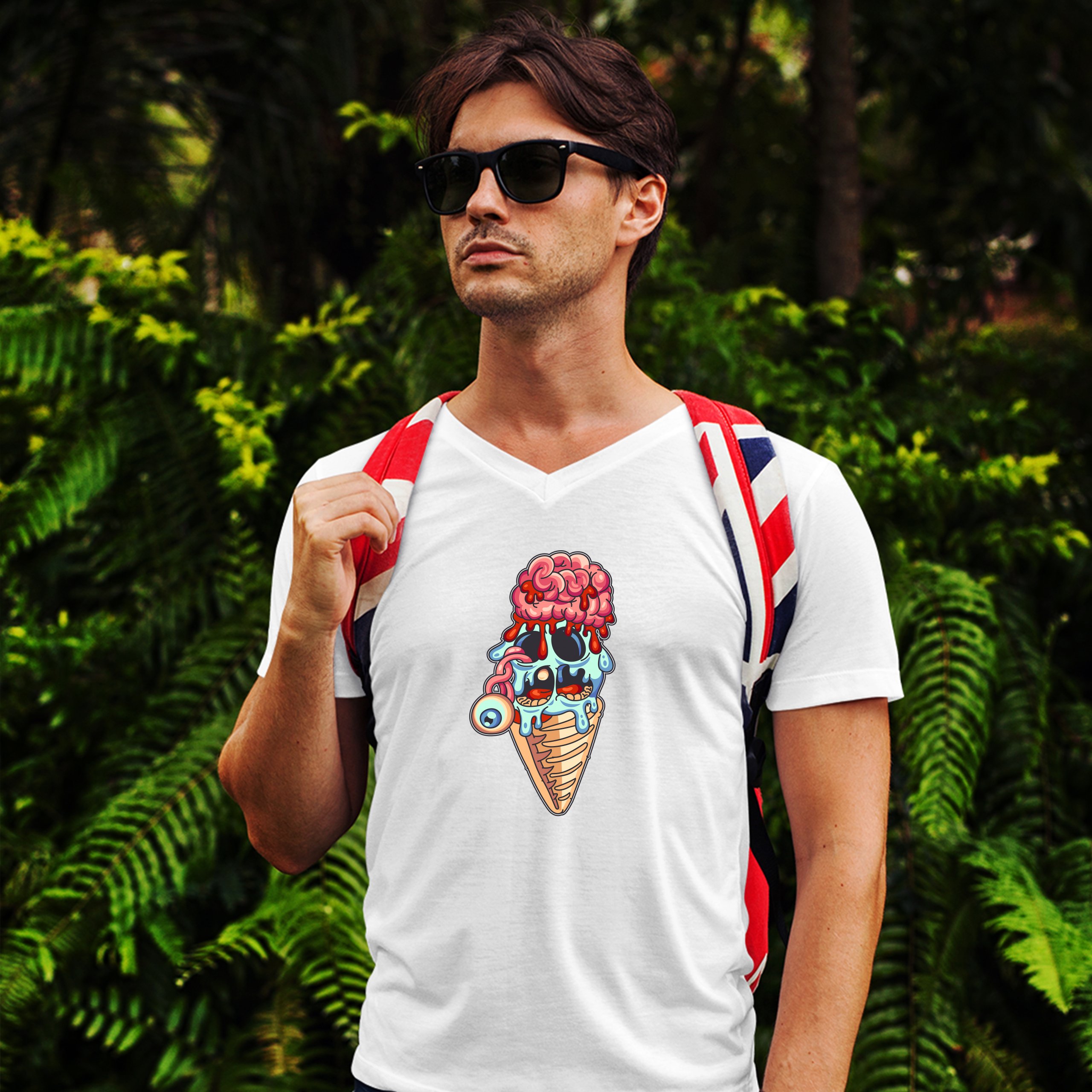 Undead Zombie Ice Cream V-Neck T-shirt Happy Halloween Eat Brains Tee - Picture 13 of 17