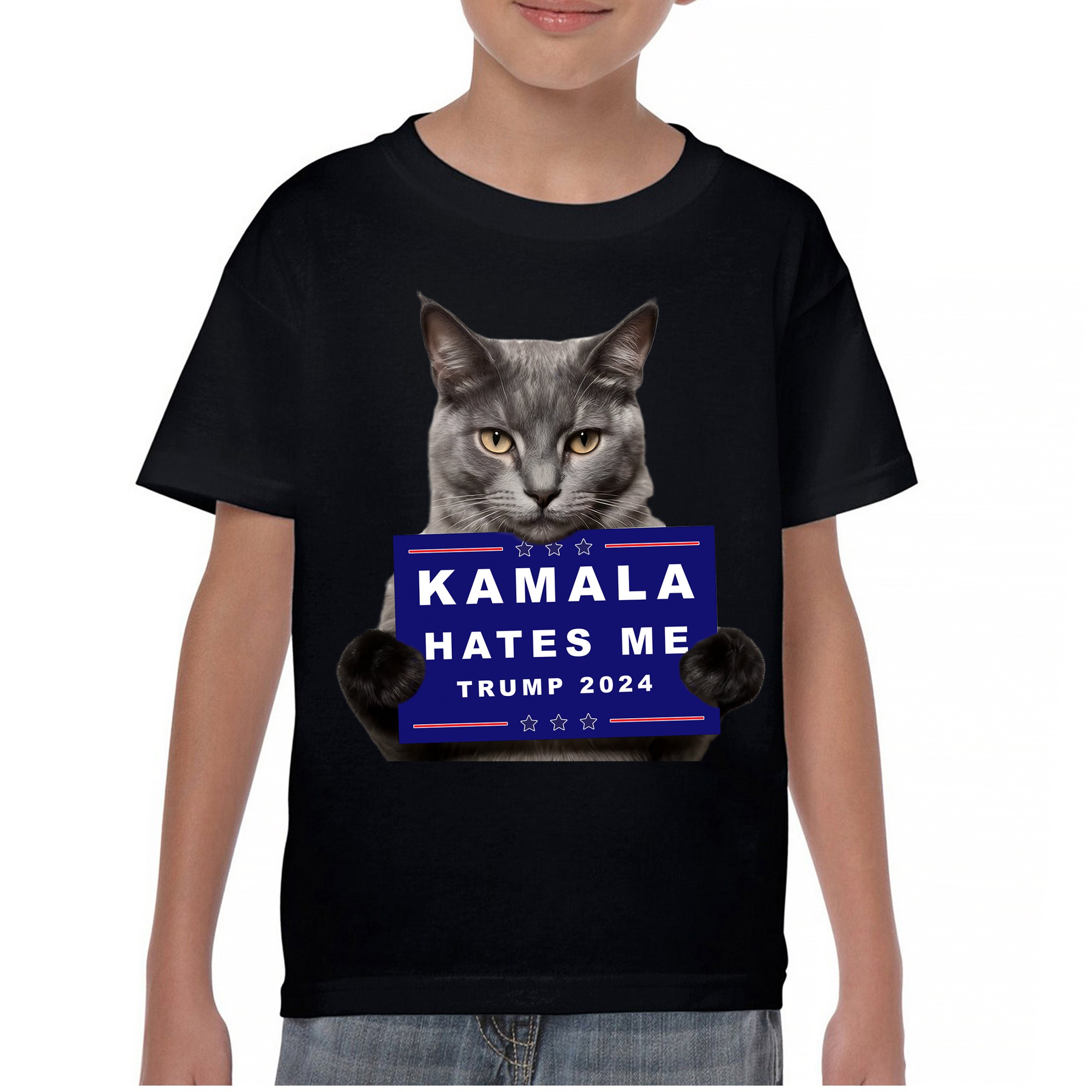 Kamala Hates Me Trump 2024 Youth T-shirt Funny Cat Republican Pet MAGA Kids - Picture 2 of 50