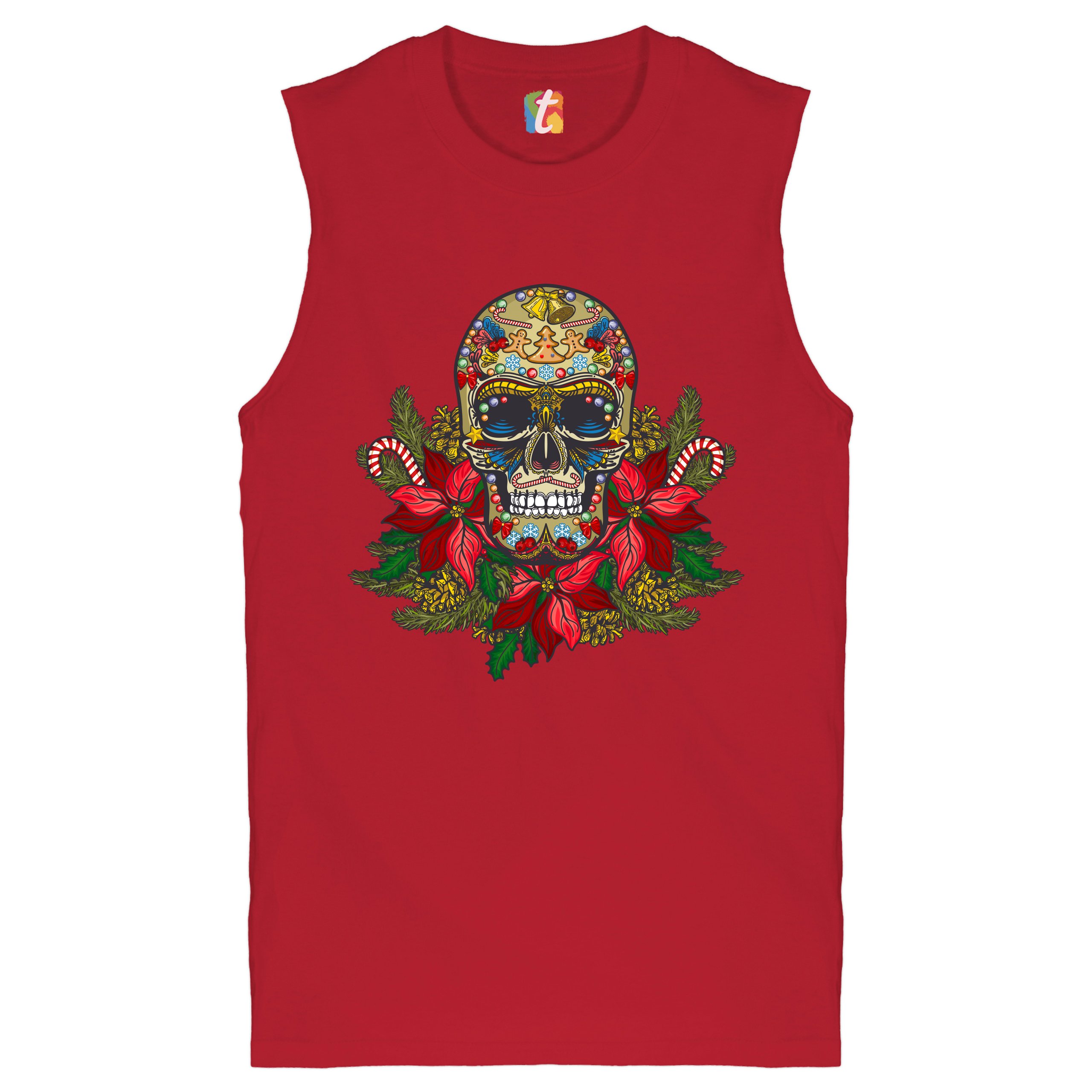 Christmas Calavera Muscle Shirt Sugar Skull Holiday Spirit Mistletoe Men’s