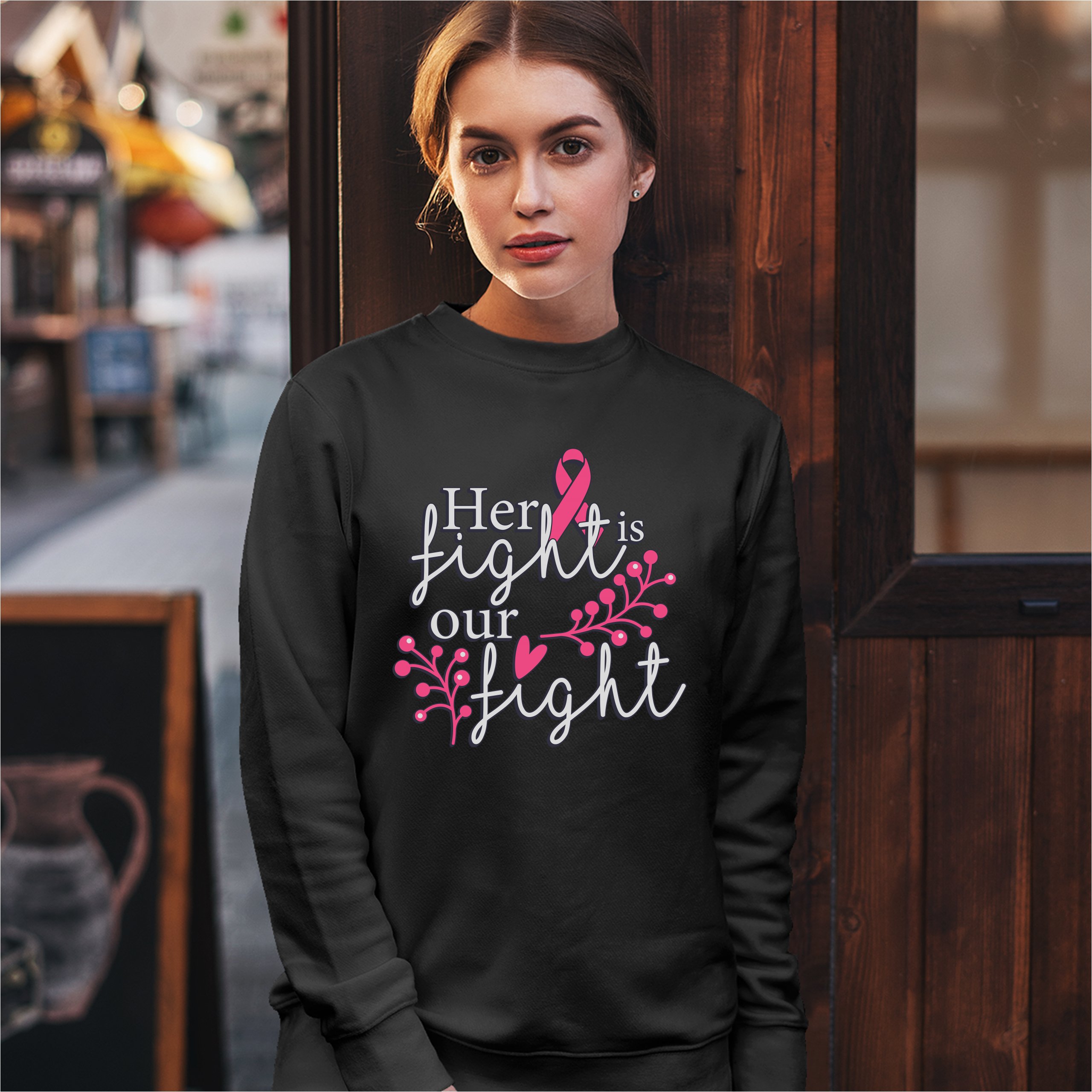 Her Fight Is Our Fight Sweatshirt Breast Cancer Support Pink Ribbon Crewneck - Picture 6 of 36
