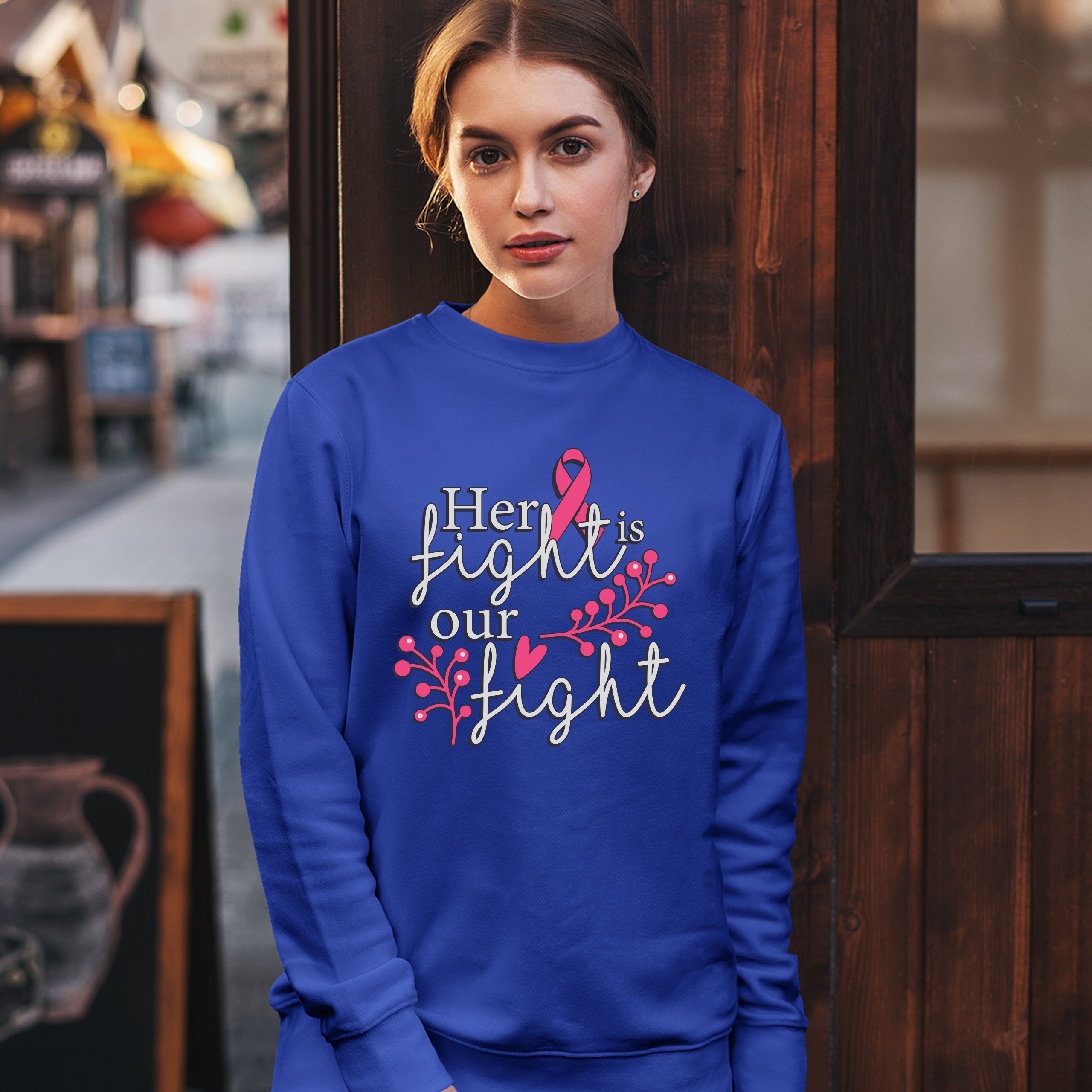 Her Fight Is Our Fight Sweatshirt Breast Cancer Support Pink Ribbon Crewneck - Picture 36 of 36