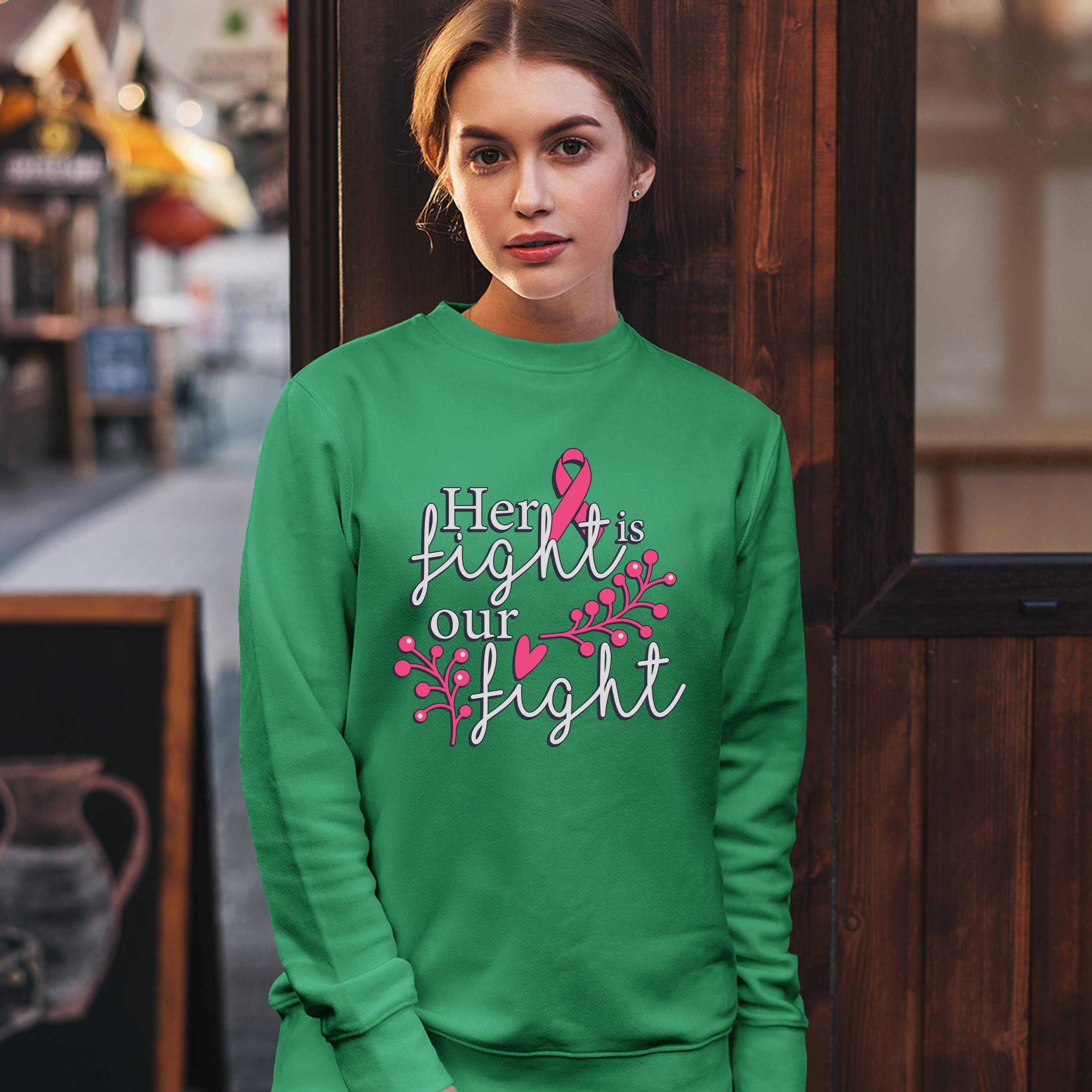 Her Fight Is Our Fight Sweatshirt Breast Cancer Support Pink Ribbon Crewneck - Picture 31 of 36