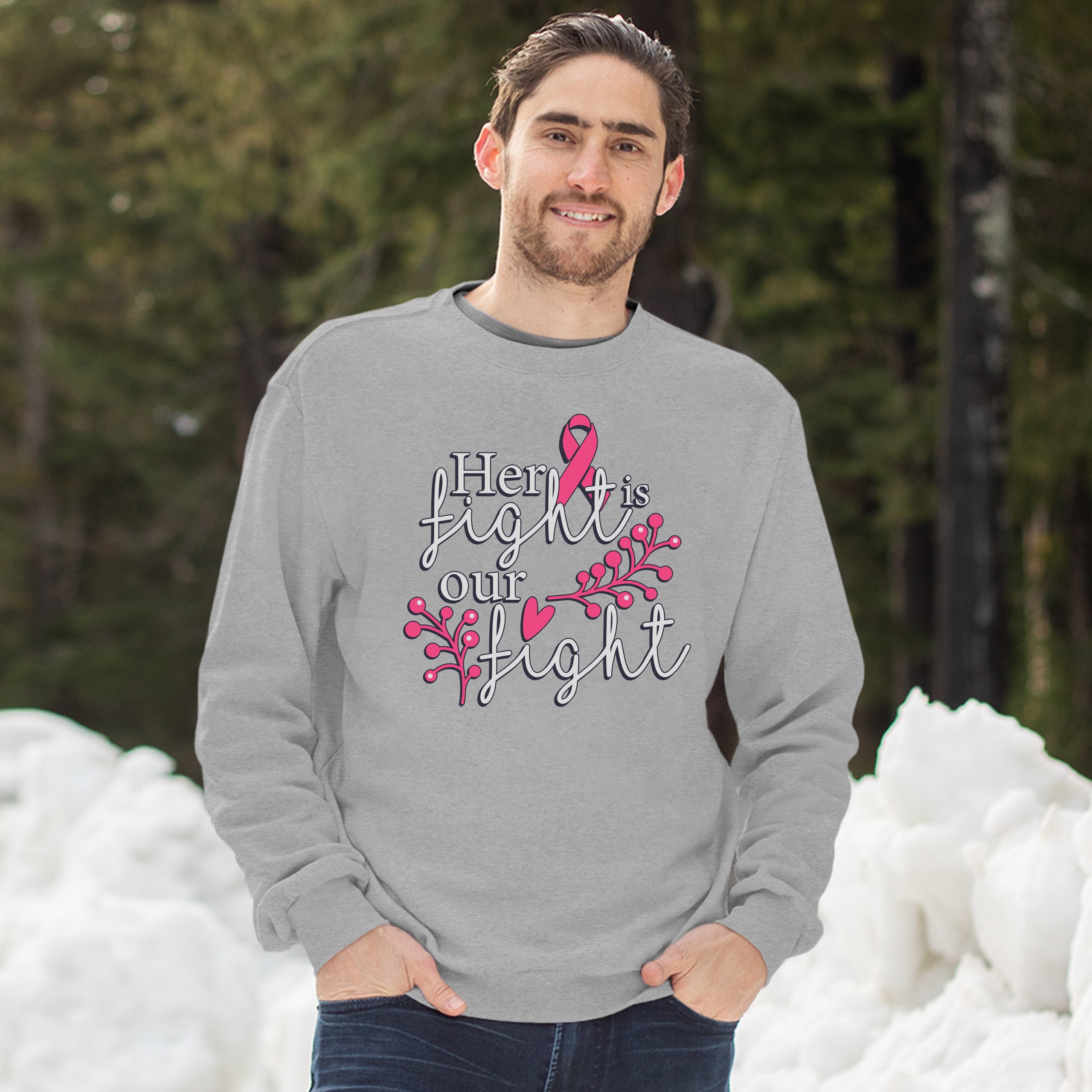 Her Fight Is Our Fight Sweatshirt Breast Cancer Support Pink Ribbon Crewneck - Picture 10 of 36