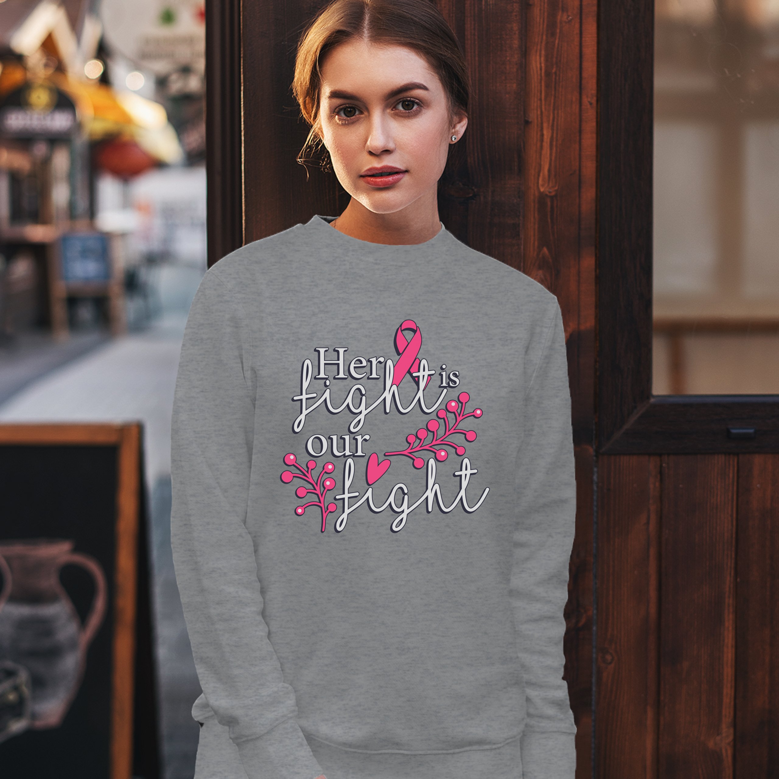 Her Fight Is Our Fight Sweatshirt Breast Cancer Support Pink Ribbon Crewneck - Picture 11 of 36