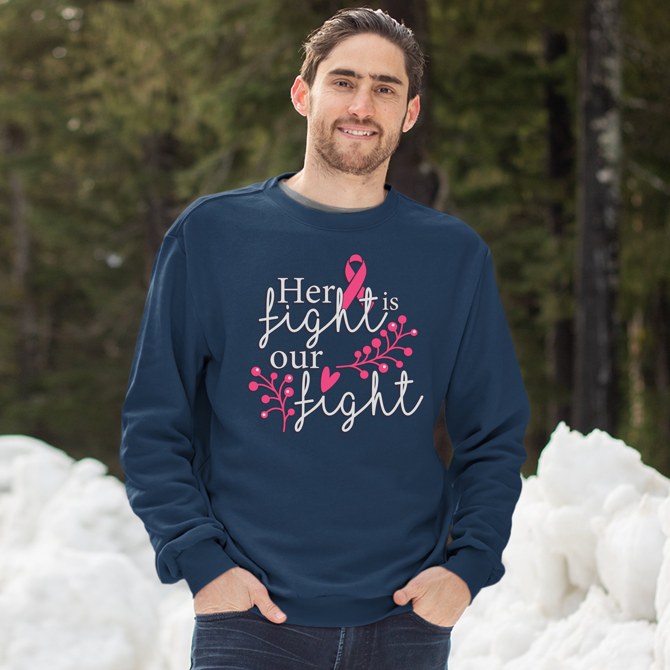 Her Fight Is Our Fight Sweatshirt Breast Cancer Support Pink Ribbon Crewneck - Picture 25 of 36