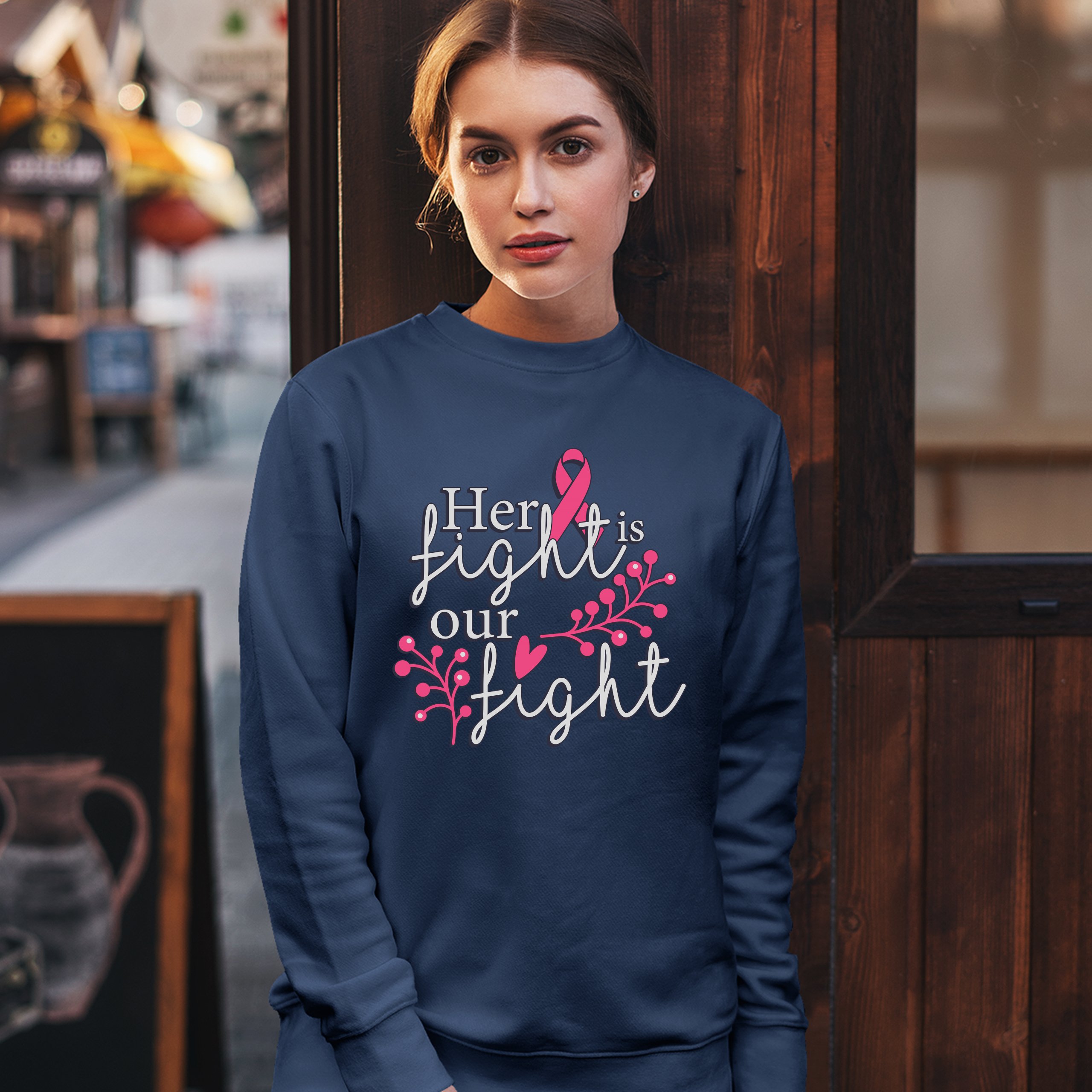 Her Fight Is Our Fight Sweatshirt Breast Cancer Support Pink Ribbon Crewneck - Picture 26 of 36