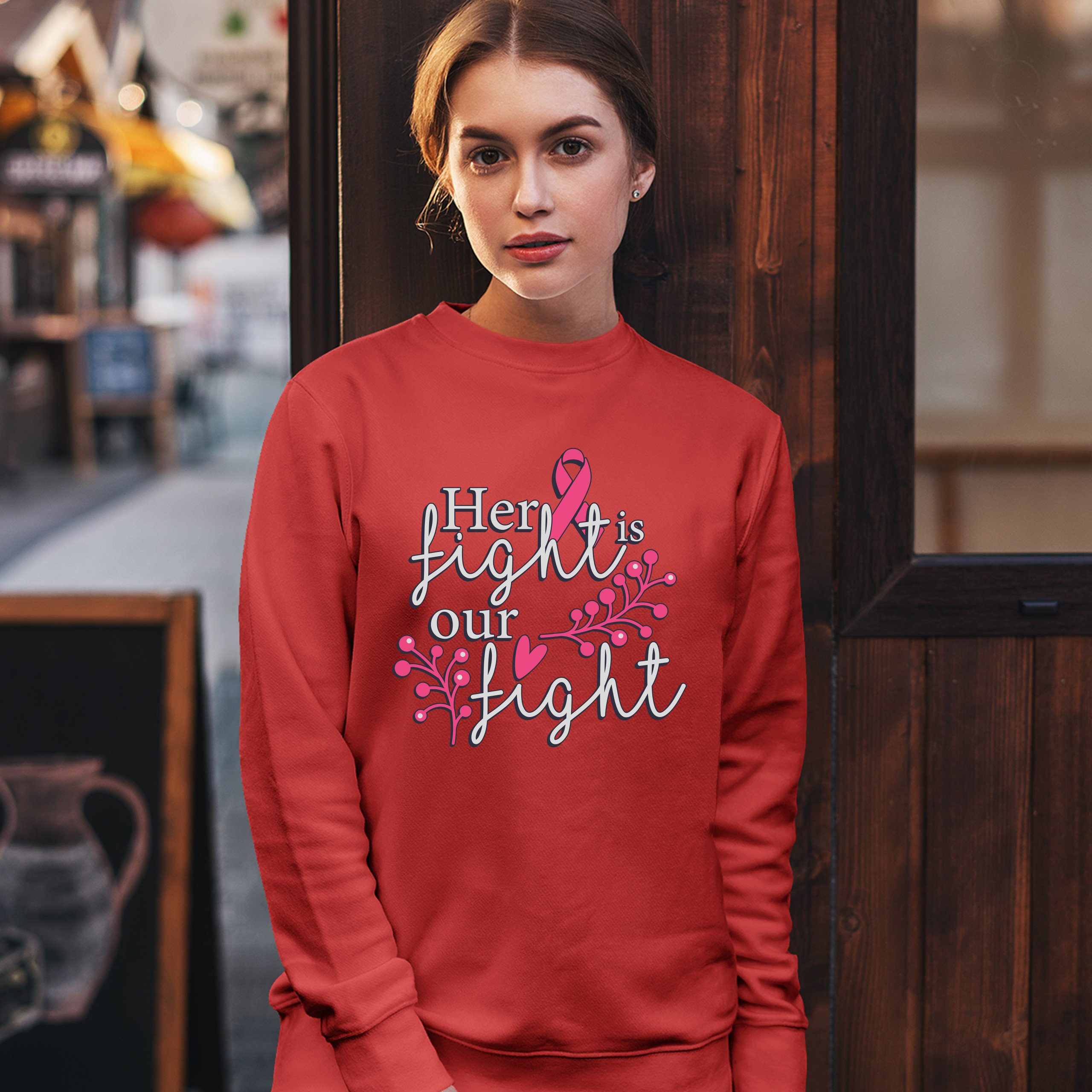 Her Fight Is Our Fight Sweatshirt Breast Cancer Support Pink Ribbon Crewneck - Picture 16 of 36
