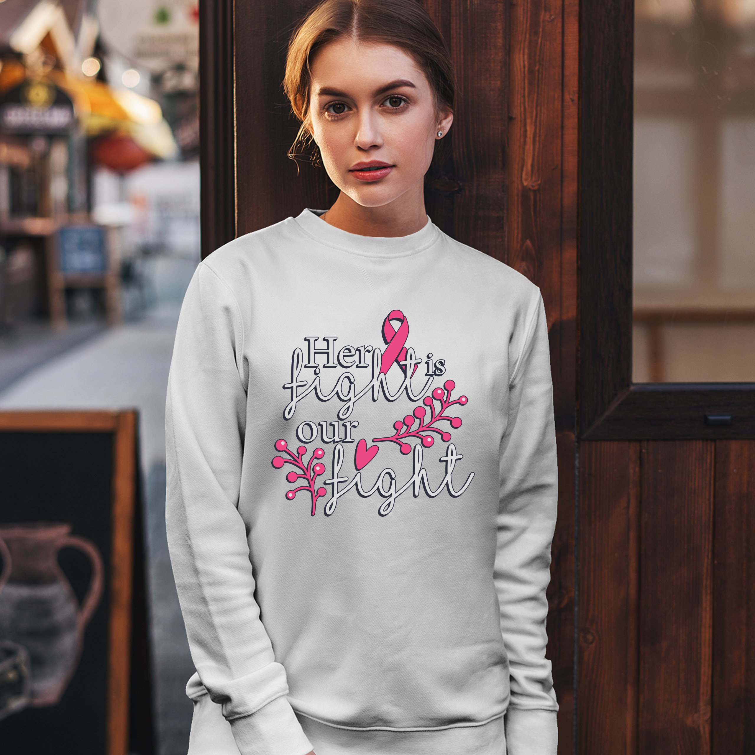Her Fight Is Our Fight Sweatshirt Breast Cancer Support Pink Ribbon Crewneck - Picture 21 of 36