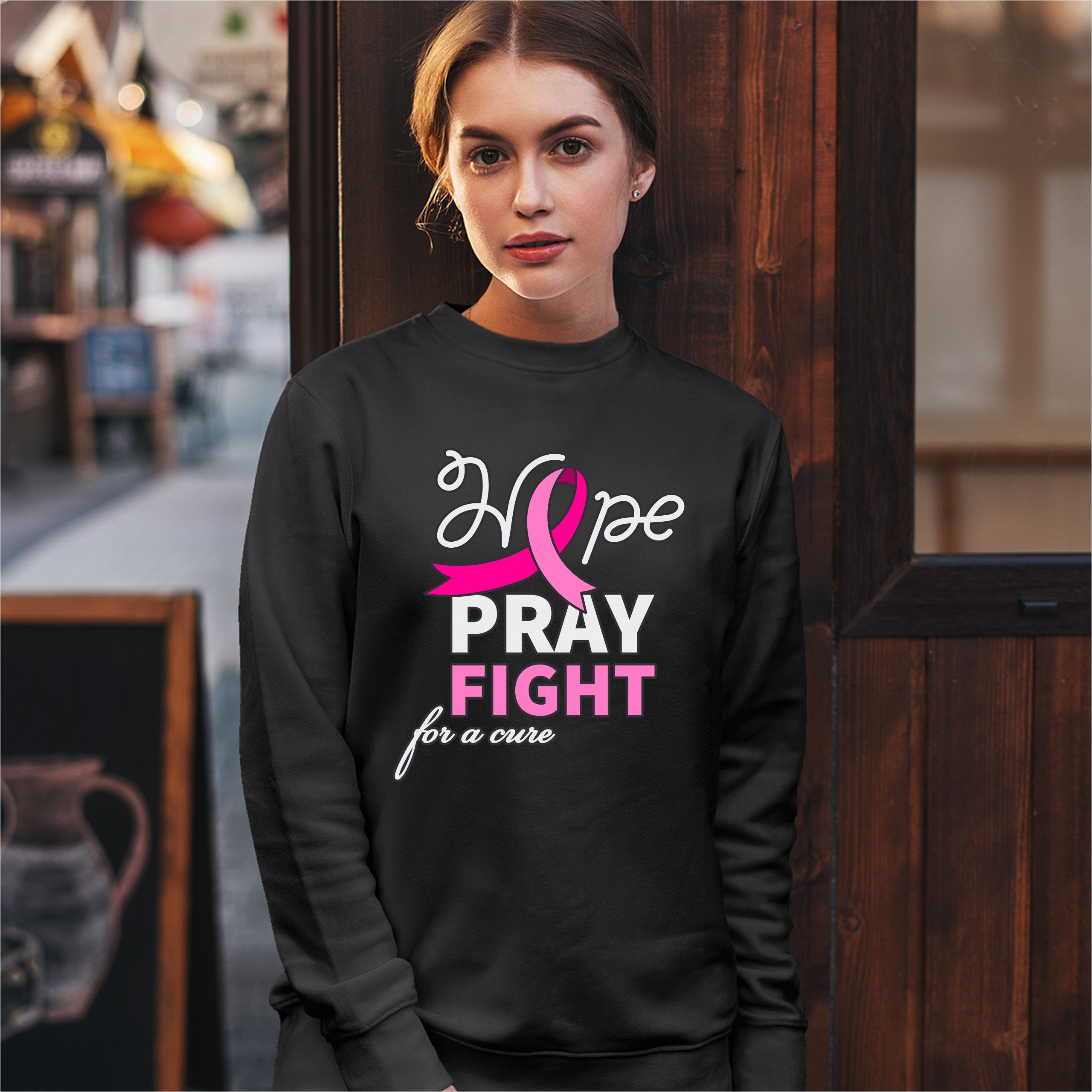 Sudadera Hope Pray Fight for a Cure Concientización sobre el Cáncer Cinta Rosa Cuello Redondo - Imagen 6 de 36