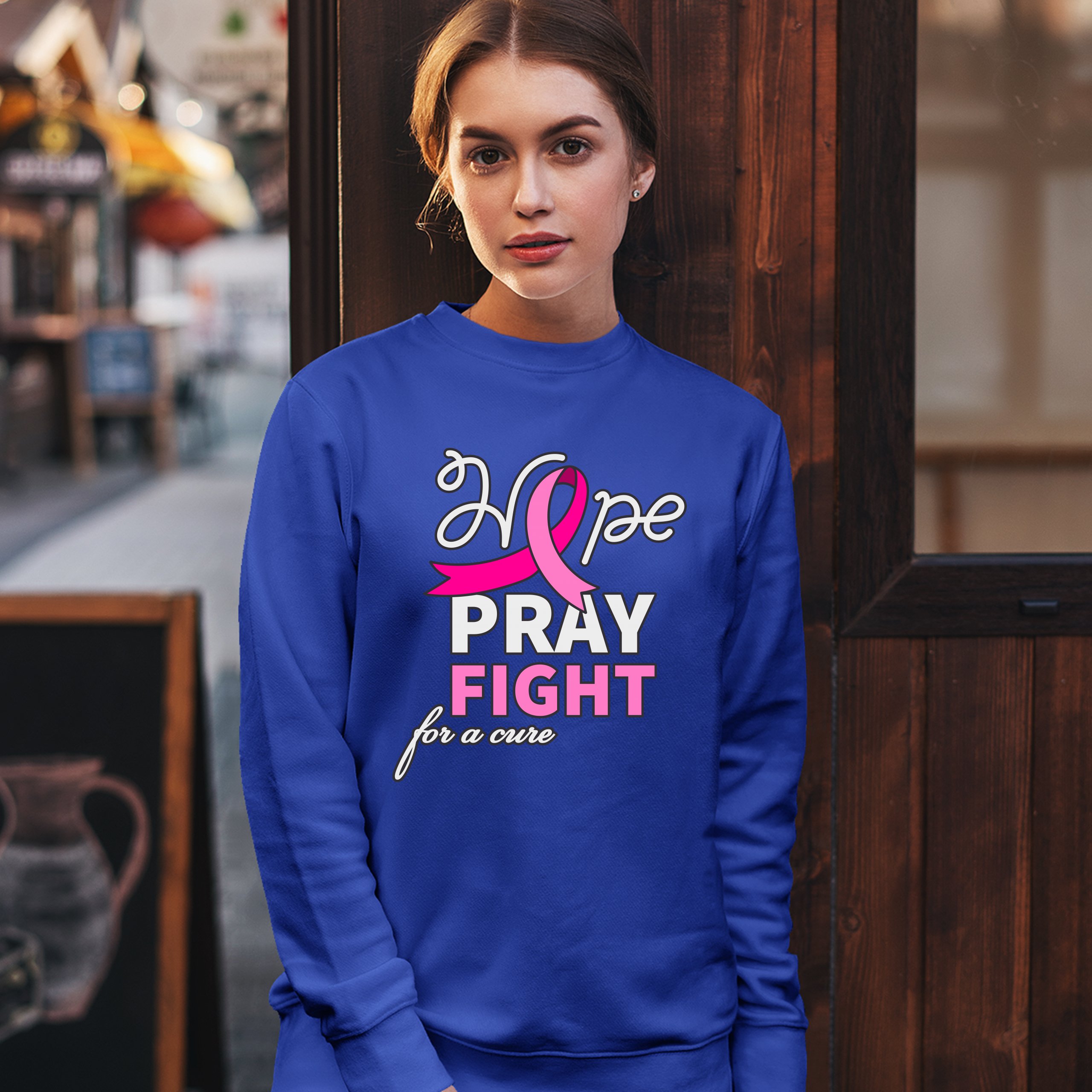 Sudadera Hope Pray Fight for a Cure Concientización sobre el Cáncer Cinta Rosa Cuello Redondo - Imagen 36 de 36