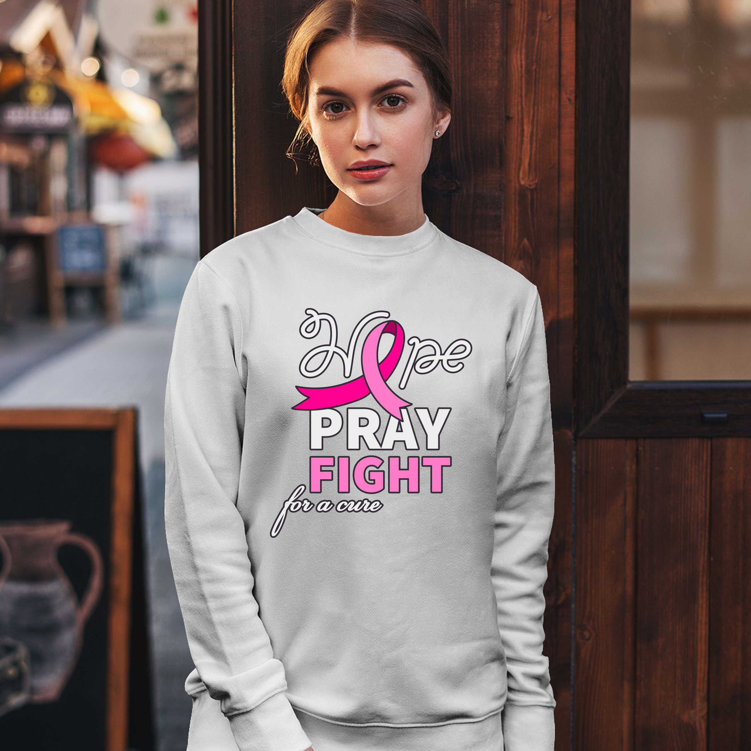 Sudadera Hope Pray Fight for a Cure Concientización sobre el Cáncer Cinta Rosa Cuello Redondo - Imagen 21 de 36