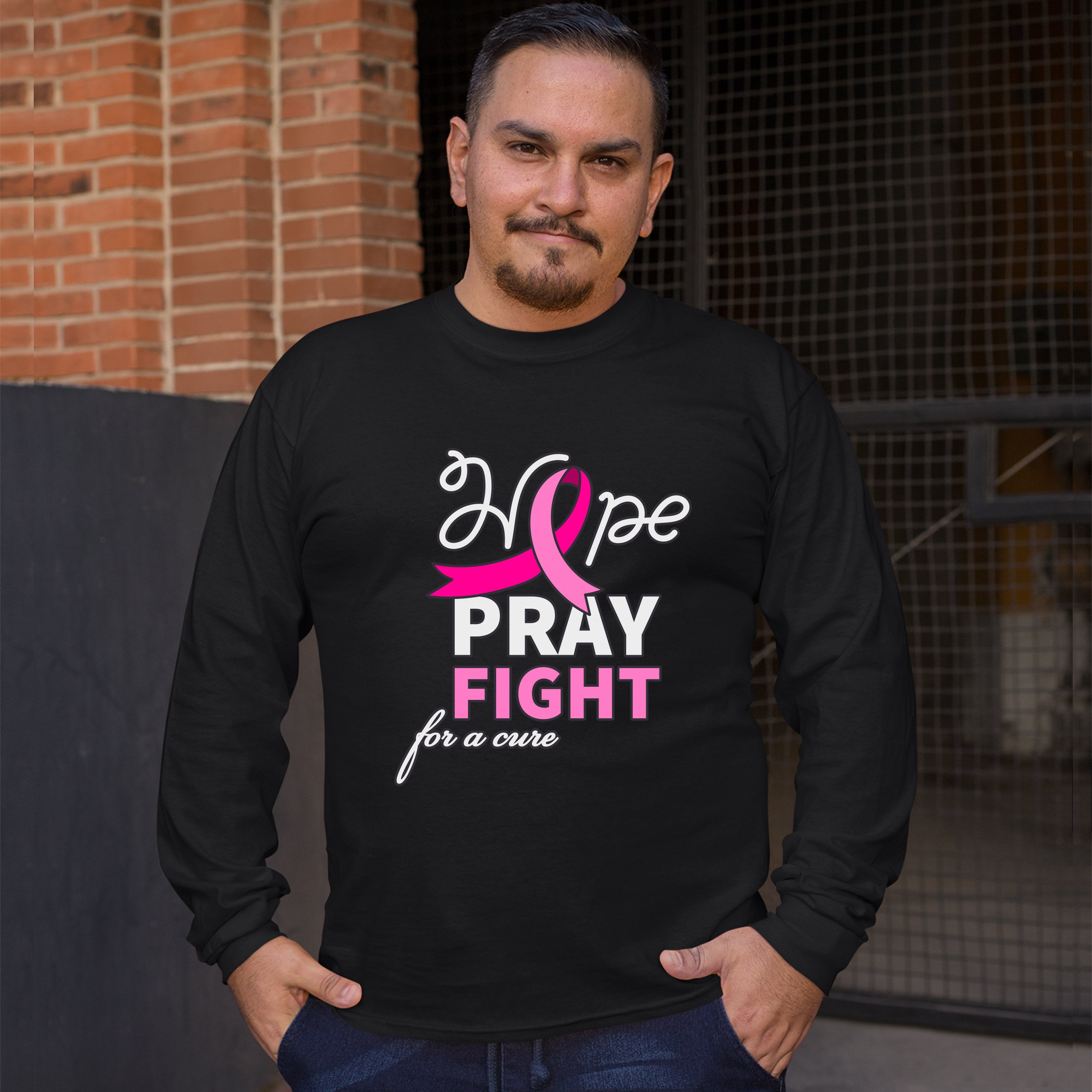 Hope Pray Fight for a Cure Long Sleeve T-shirt Cancer Awareness Pink Ribbon - Picture 5 of 45