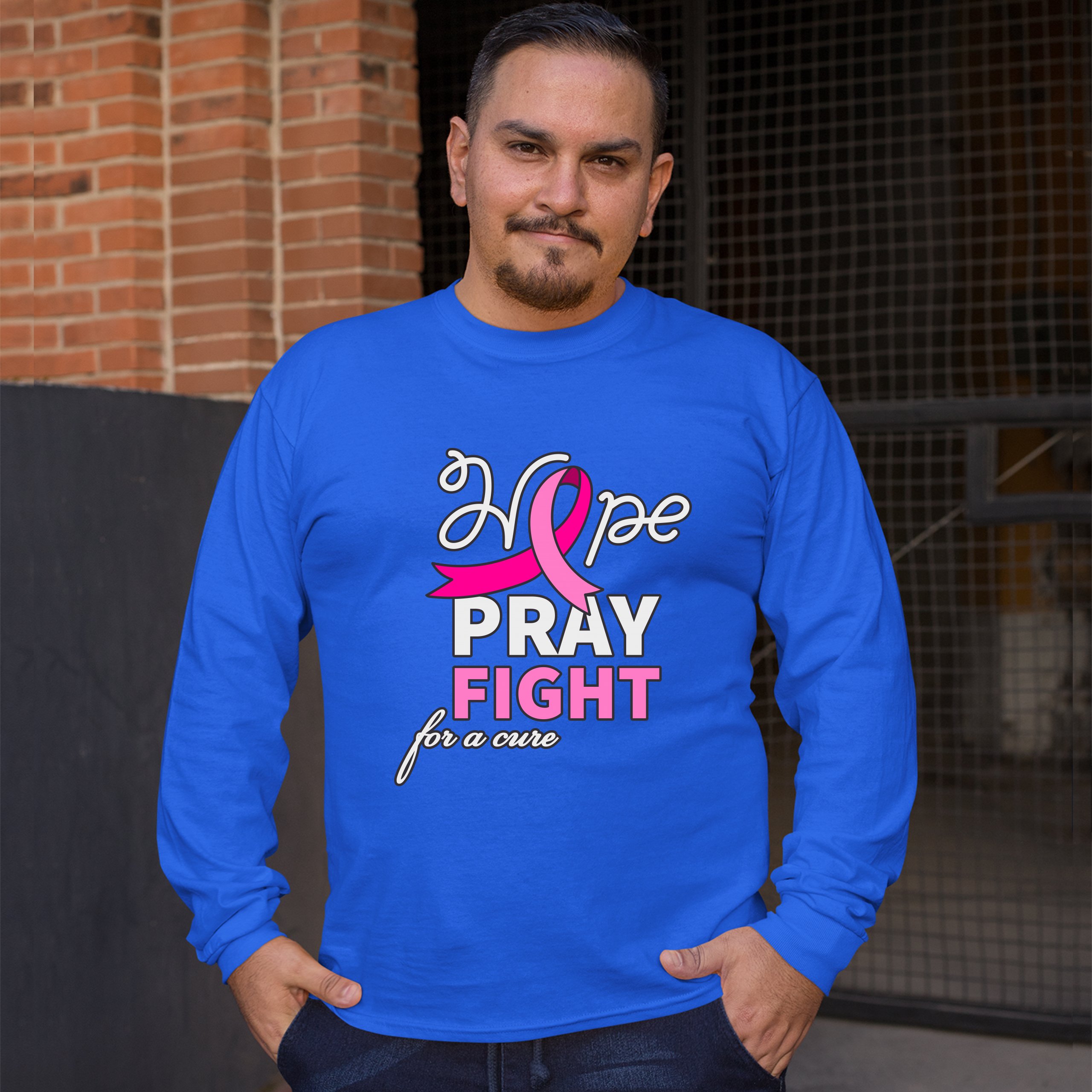 Hope Pray Fight for a Cure Long Sleeve T-shirt Cancer Awareness Pink Ribbon - Picture 37 of 45