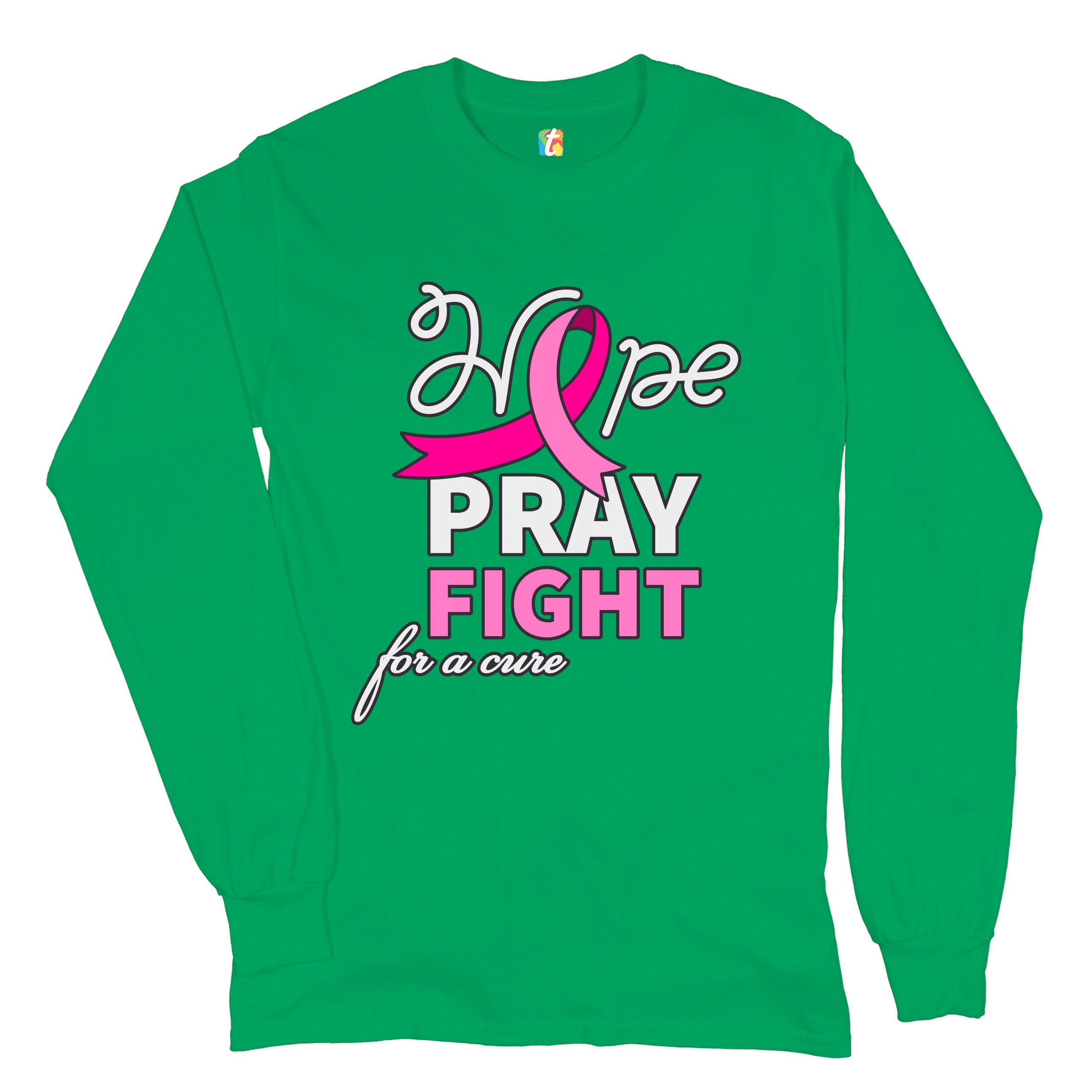 Hope Pray Fight for a Cure Long Sleeve T-shirt Cancer Awareness Pink Ribbon - Picture 26 of 45