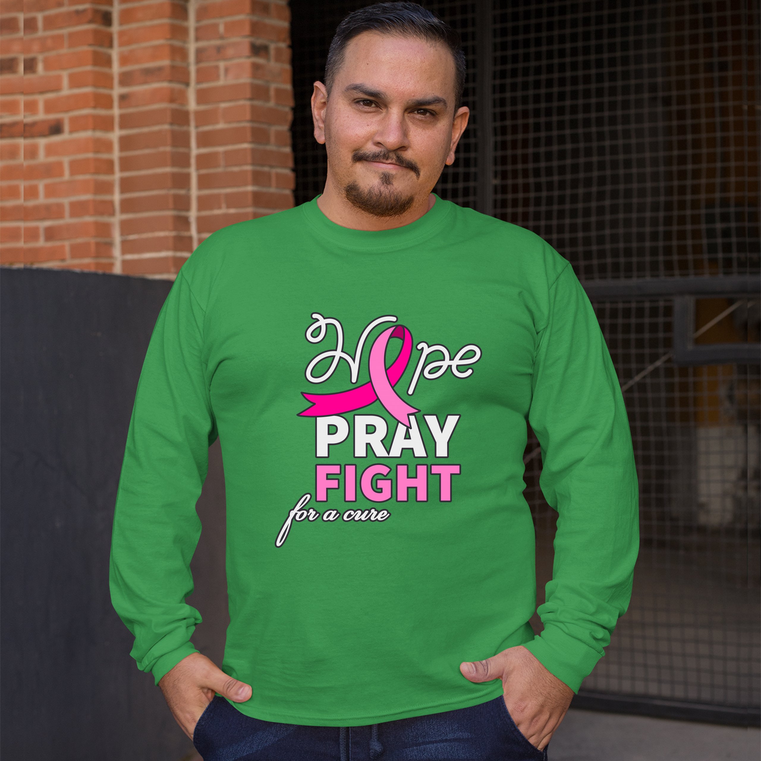 Hope Pray Fight for a Cure Long Sleeve T-shirt Cancer Awareness Pink Ribbon - Picture 29 of 45