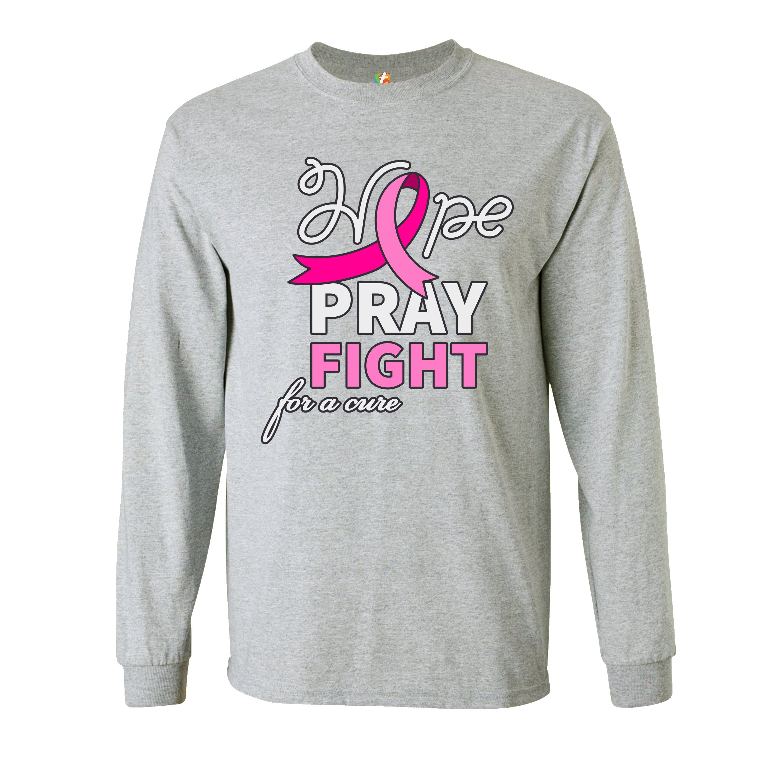 Hope Pray Fight for a Cure Long Sleeve T-shirt Cancer Awareness Pink Ribbon - Picture 7 of 45
