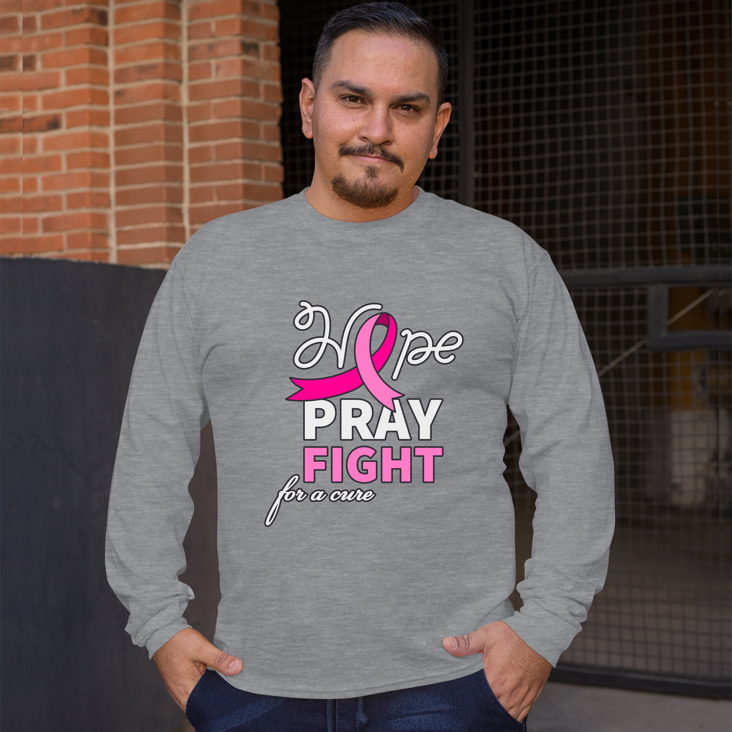 Hope Pray Fight for a Cure Long Sleeve T-shirt Cancer Awareness Pink Ribbon - Picture 9 of 45