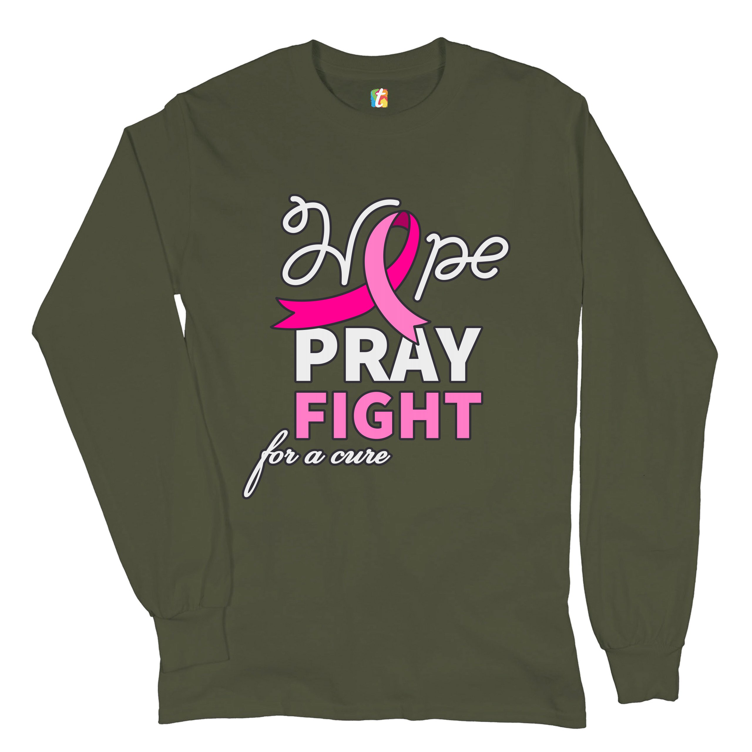 Hope Pray Fight for a Cure Long Sleeve T-shirt Cancer Awareness Pink Ribbon - Picture 30 of 45