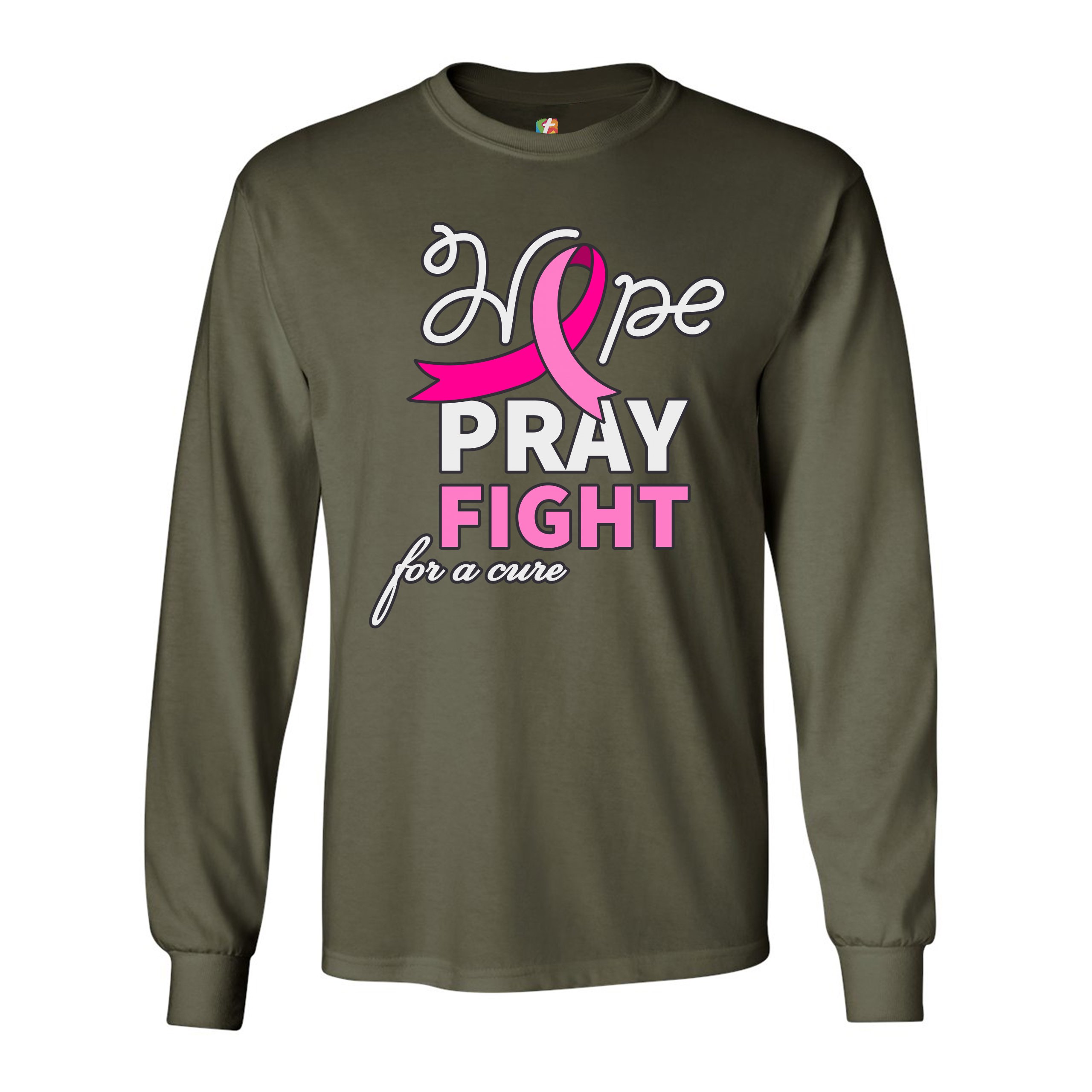 Hope Pray Fight for a Cure Long Sleeve T-shirt Cancer Awareness Pink Ribbon - Picture 31 of 45